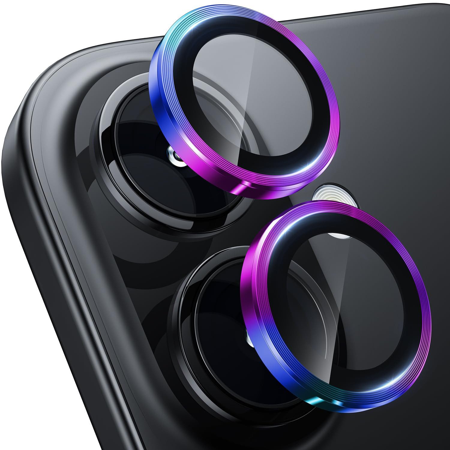 Wigento Handyhülle Für Apple iPhone 16 / 16 Plus Aluminium Ring + H9 Hart Glas Bunt, Kameralinsenschutz mit Metallring, gehärtetes Glas