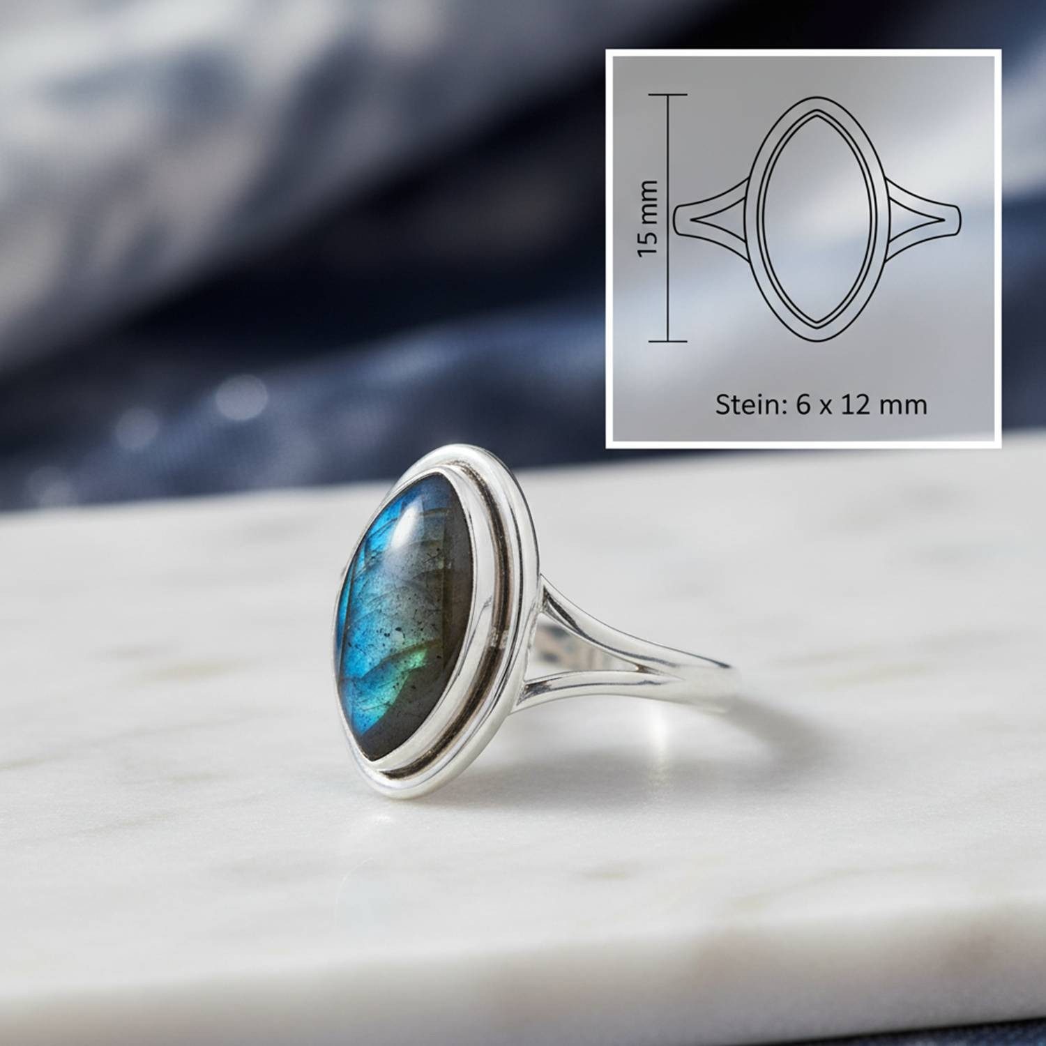 mantraroma Silberring SARALA Ellipse aus 925 Silber mit Labradorit (Ring mit Schmuckbeutel), Damenring aus 925er Silber