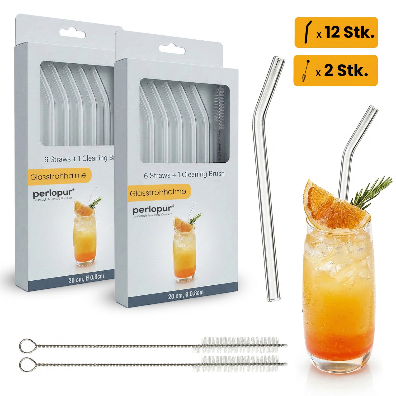 PerloPur Trinkhalme 12 Glasstrohhalme gebogen Trinkhalme aus Glas mit 2 Reinigungsbürsten, (Strohhalme aus Glas mit Reinigungsbürste), Strohhalme aus Glas