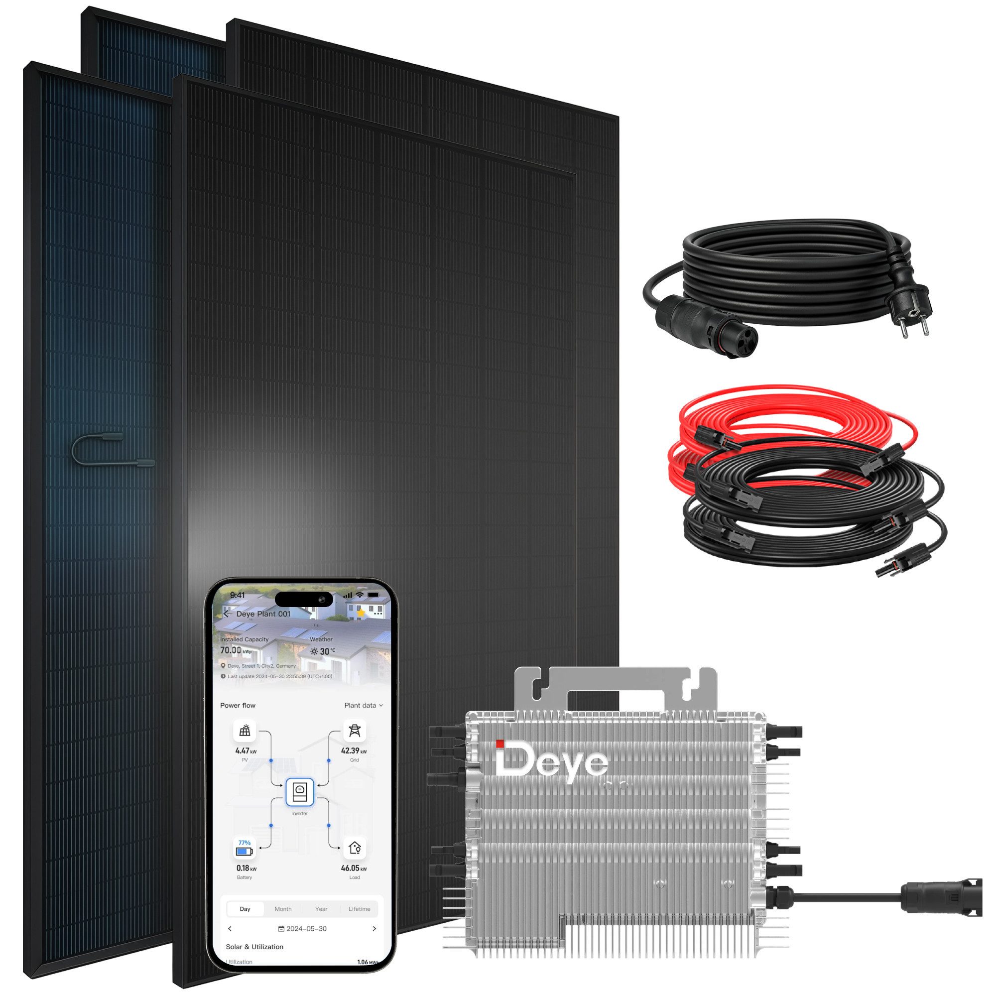 SUNNIVA Solaranlage 1840W BIFAZIAL FULLBLACK komplett Steckdose, Monokristallin, (DEYE 1600W Wechselrichter, PV Solaranlage, 4x 460W Glas-Glas Solarmodule, inkl. 5m Kabel, Bluetooth WIFI, Komplettset)
