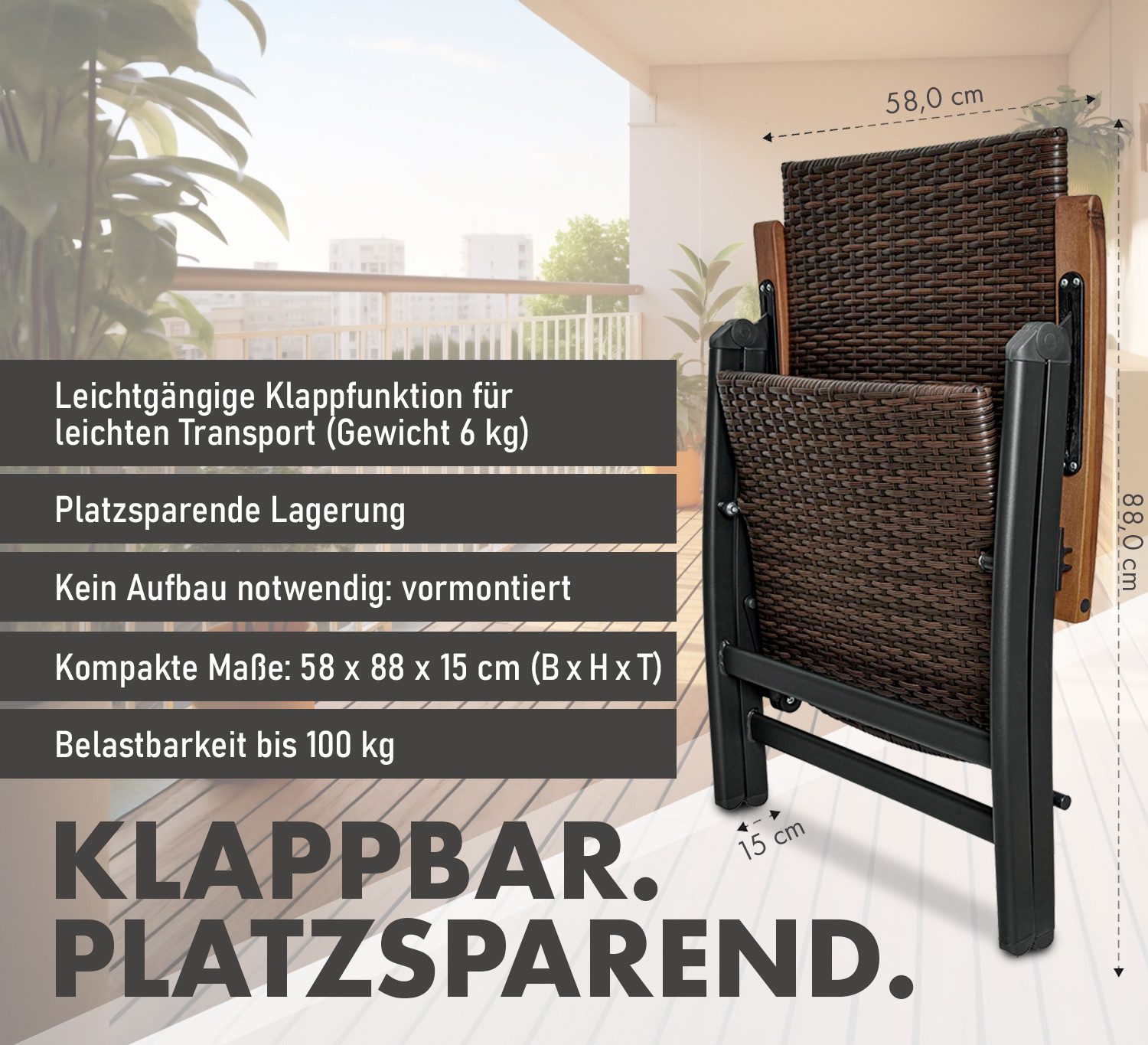 BRUBAKER Gartenstuhl Polyrattan Stuhl - Modena - klappbarer Hochlehner Campingstuhl (Wetterfest für Garten, Balkon, Terrasse - Braun Grau, 1 St), Klappstuhl aus Metall & Poly Rattan - 7-Fach verstellbare Rückenlehne