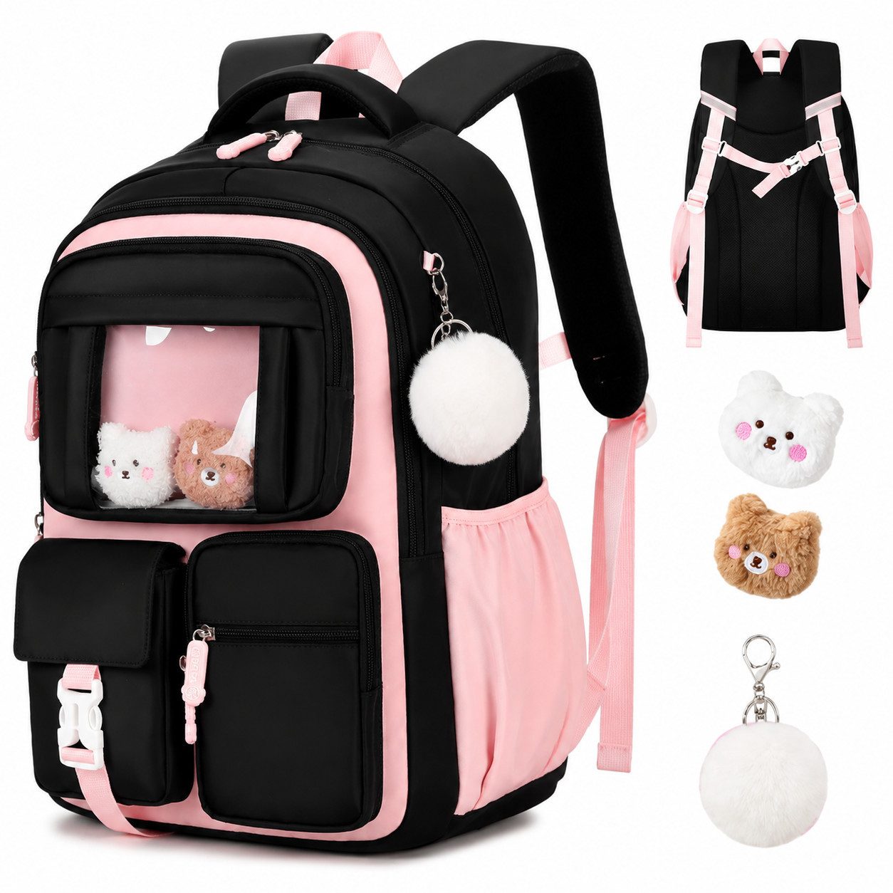 MOPUEA Schulrucksack Atmungsaktiv Schulrucksack Rucksack Schultasche Kawaii Büchertasche (Mit 3 süßen Anhängern), Turnbeutel Lässiger Schulranzen Jungen Teenager Multi-Tasche Daypacks
