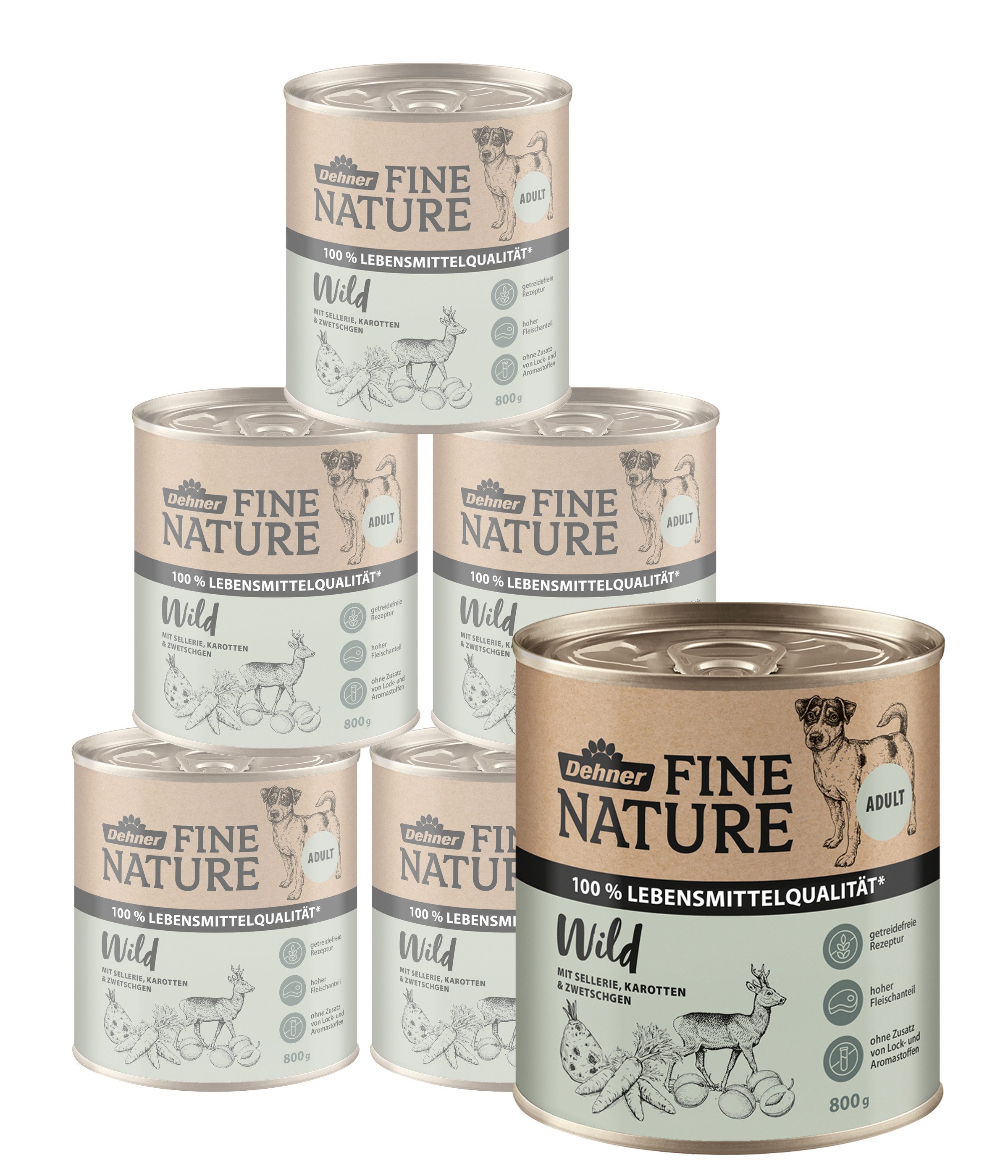 Dehner Fine Nature Adult Wild, 6 x 200 g / 400 g / 800 g Dose, getreidefrei Wild, Nassfutter für: Hunde, Nassfutter für ausgewachsene Hunde, Lebensmittelqualität