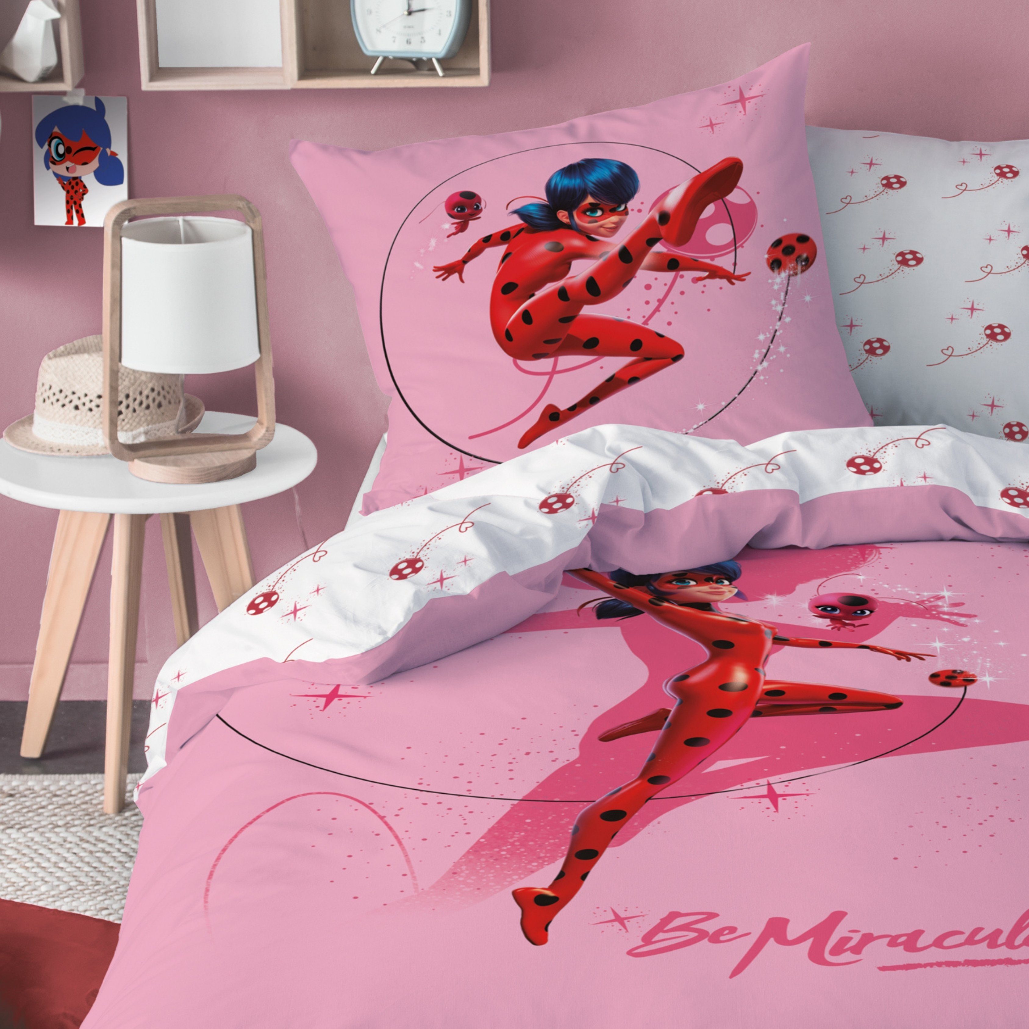 Bettwäsche Miraculous Ladybug 135x200 + 80x80 cm, 100 % Baumwolle, MTOnlinehandel, Renforcé, 2 teilig, Kinderbettwäsche für alle Miraculous und Tikki Fans, Mädchenzimmer