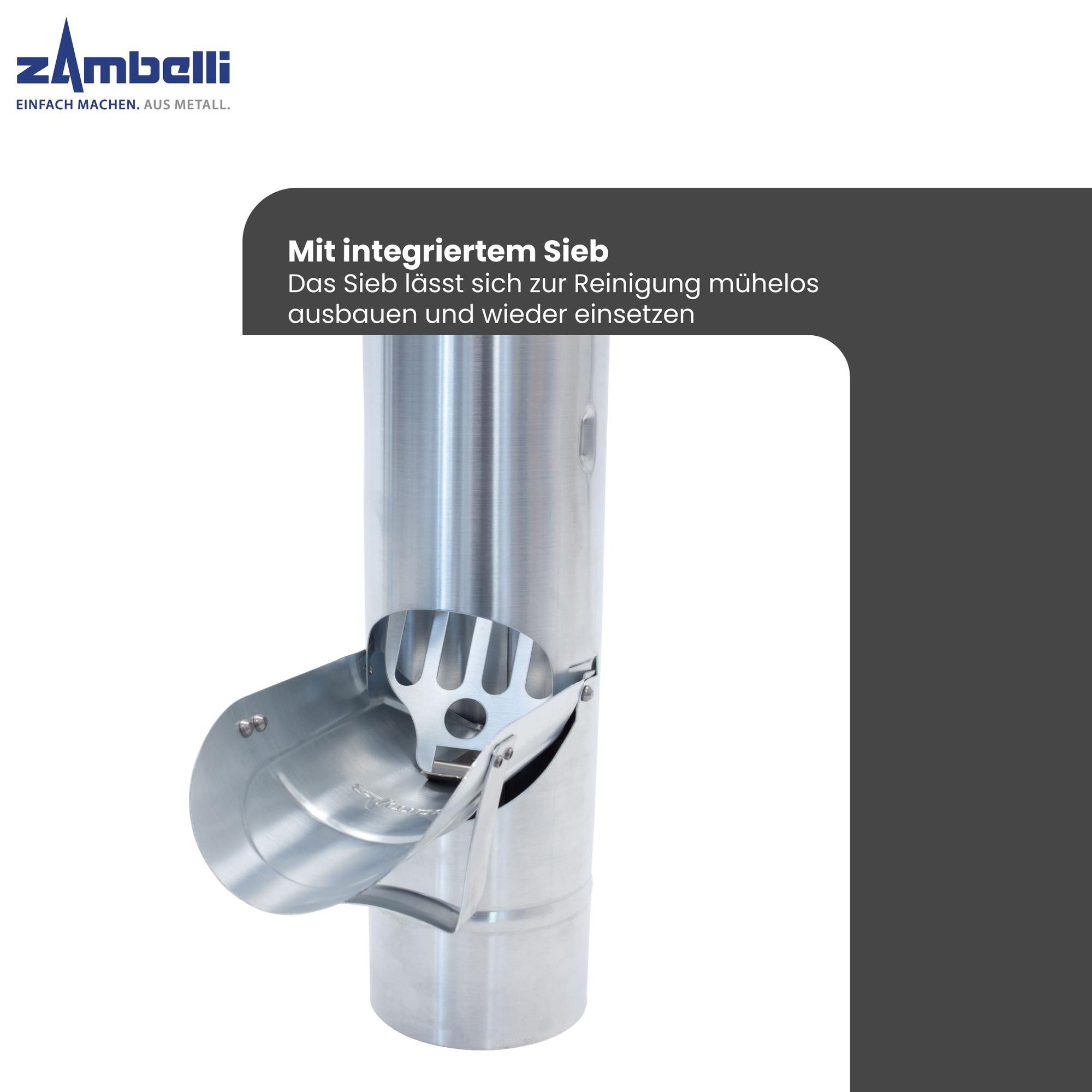 Zambelli Regenfallrohr, (Regenrohrklappe, Regenwasserklappe mit Sieb 76mm Silber), Regenwasser Fallrohr Klappe, Laubschutz durch Sieb, Titanzink