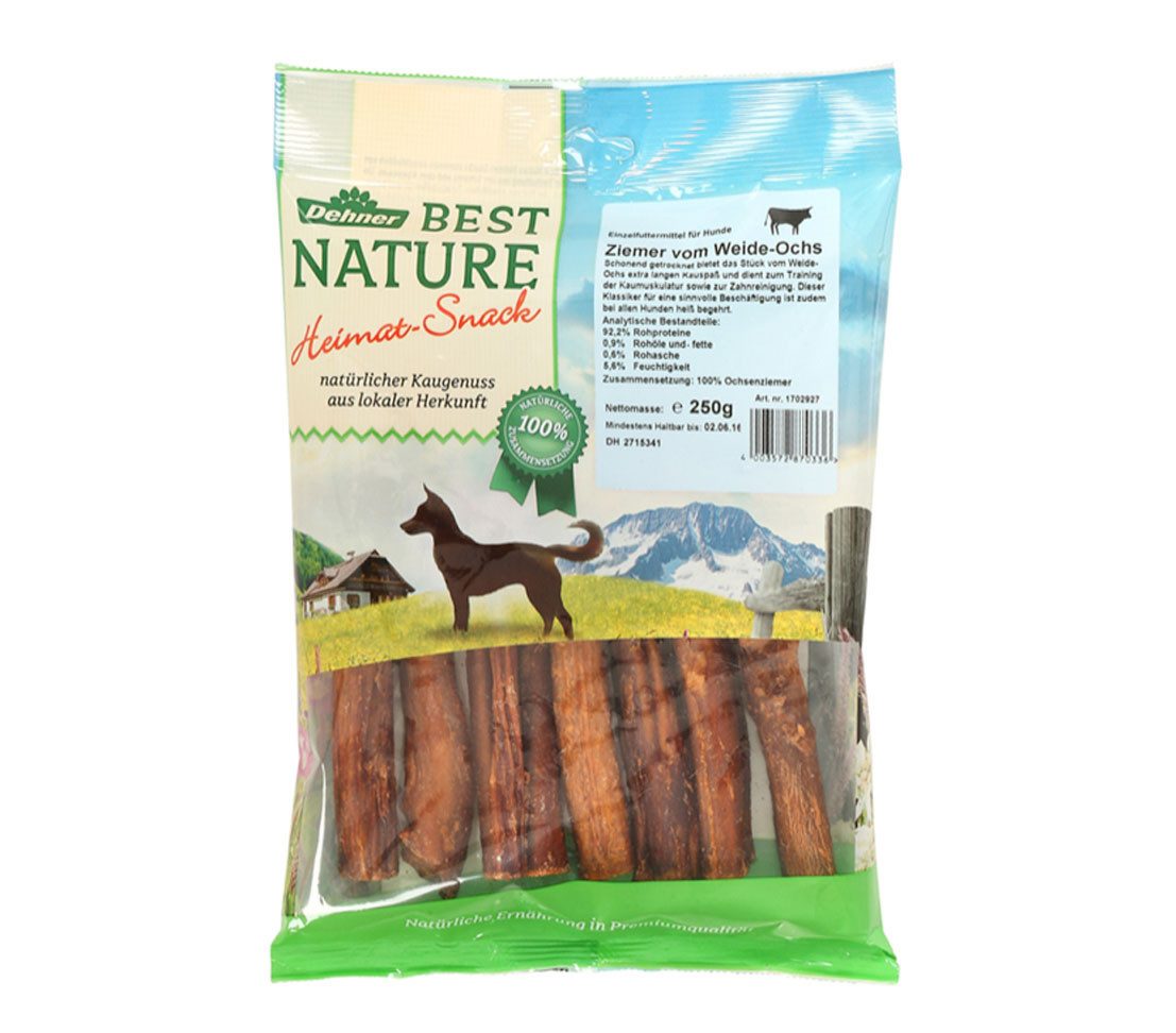 Dehner Best Nature Hundesnack Ochsenziemer, Kausnack für Hunde, 250 g Ochse, 250g, Leckerli für ausgewachsene Hunde, getreidefrei / zuckerfrei