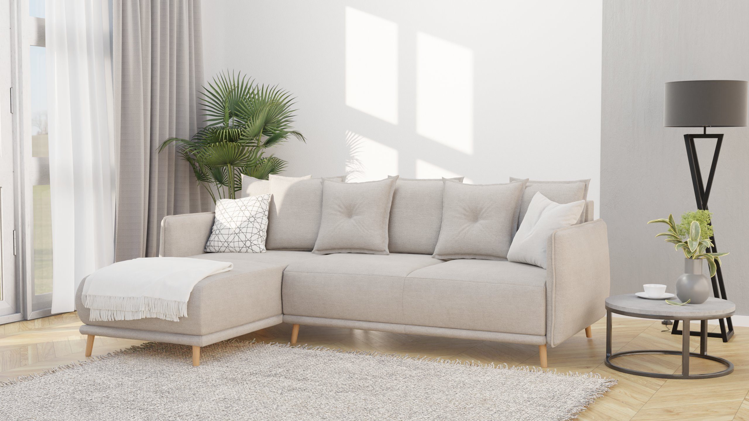 S-Style Möbel Ecksofa Lina mit Bettfunktion und Bettkasten im skandinavischen Design, mane links oder rechts bestellbar, mit Wellenfederung Beige