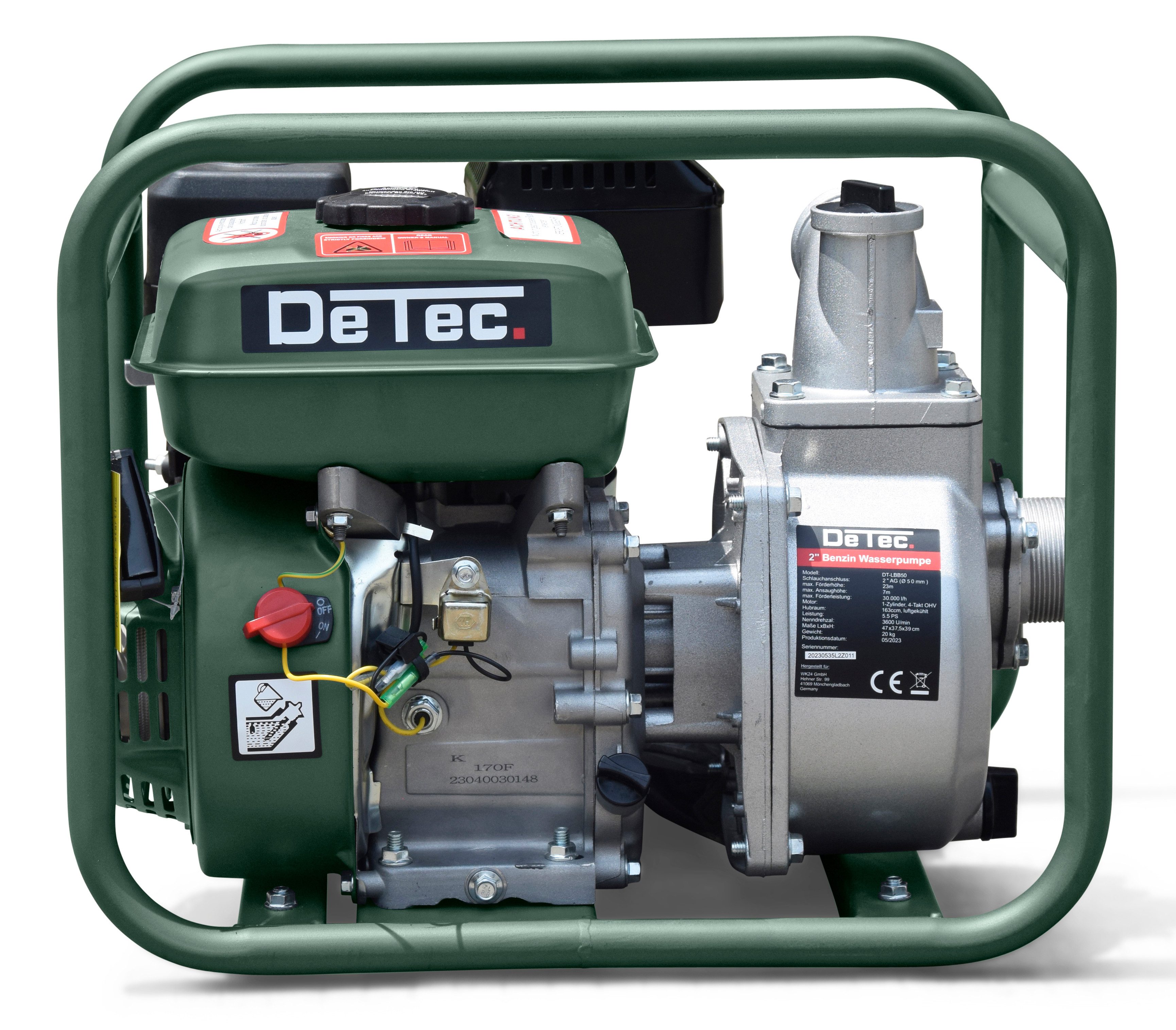 DeTec. Wasserpumpe Benzin Wasserpumpe 2 Zoll 5,5 PS 30.000 l/h Gartenpumpe