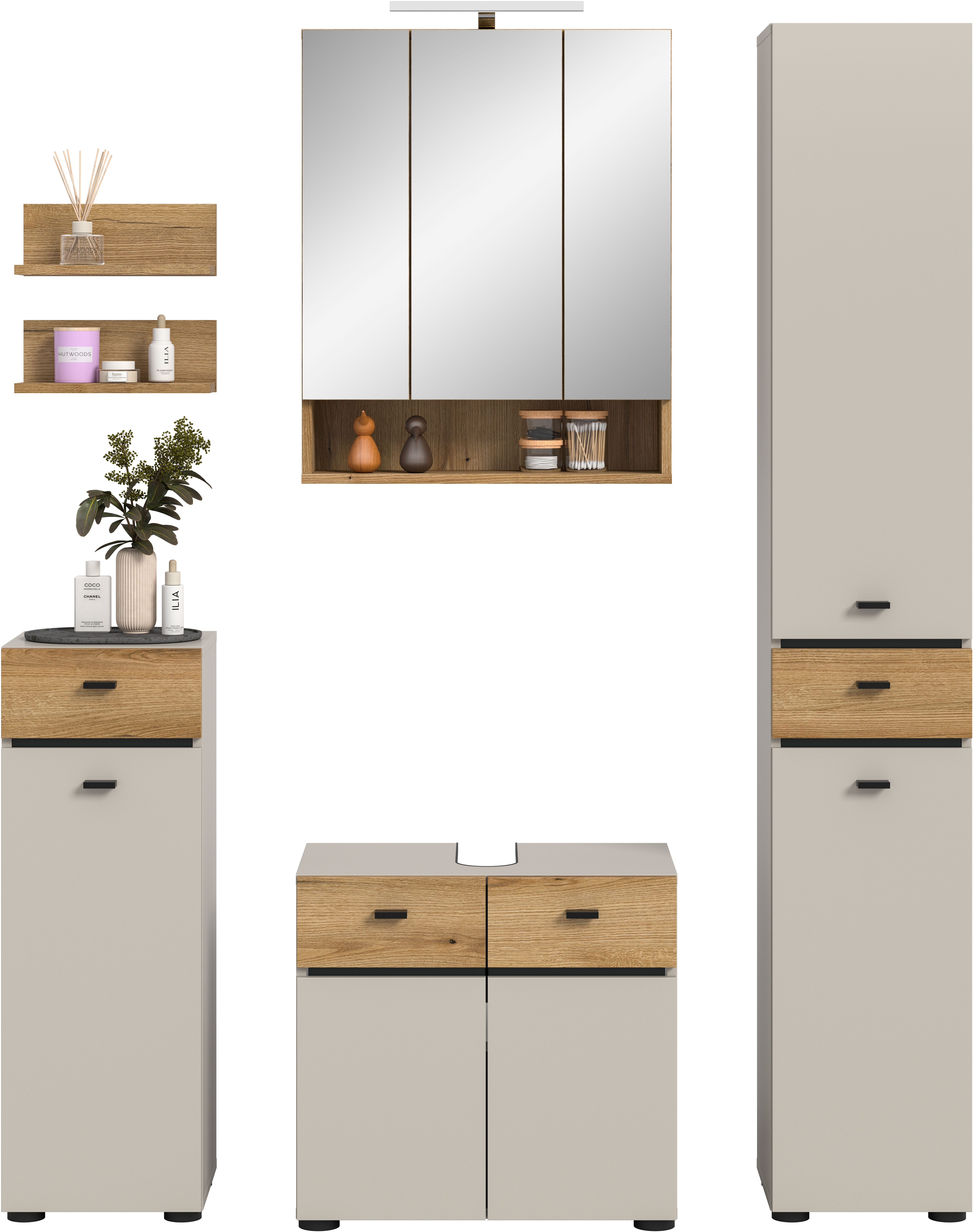 welltime Badmöbel-Set VANN, 6-teilige moderne Badkombination, inkl. Beleuchtung, (6-St., Midischrank, 2er Set Wandregal, WBU, Spiegelschrank, Hochschrank), Bad-Kombination, Bad-Möbel, Badezimmer, Kombination, Kombi, Bad-Set