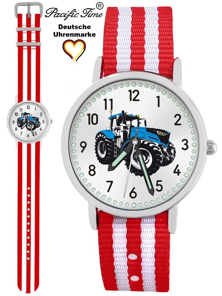 Pacific Time Quarzuhr Kinder Armbanduhr Match Design Wechselarmband, weiß blau rot Traktor Gratis und Mix - gestreift Versand