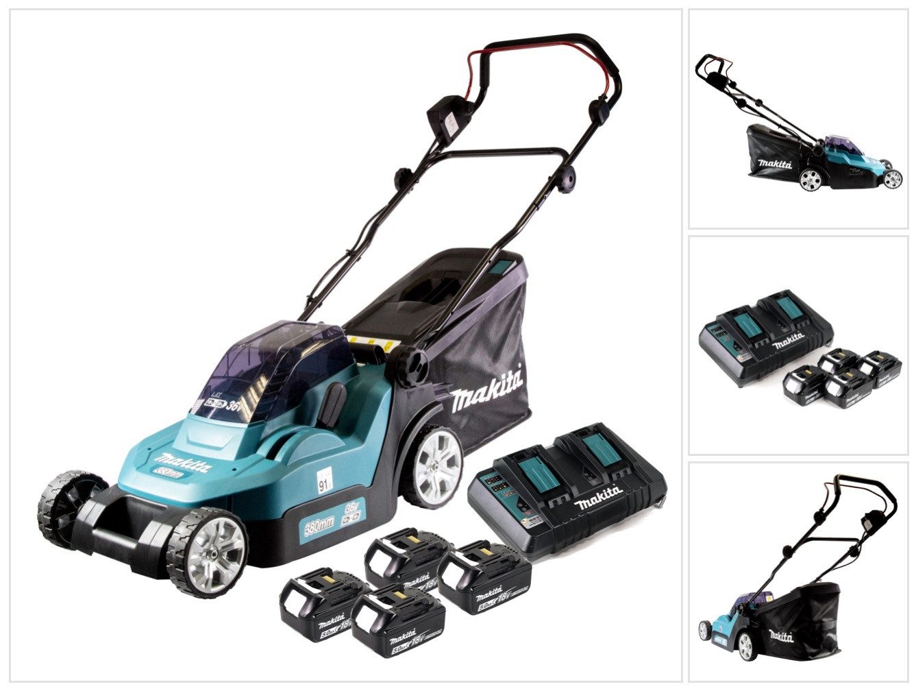 Makita Akkurasenmäher DLM 382 PT4 Akku Rasenmäher 36 V (2x 18 V) 38 cm 40 l + 4x Akku 5,0
