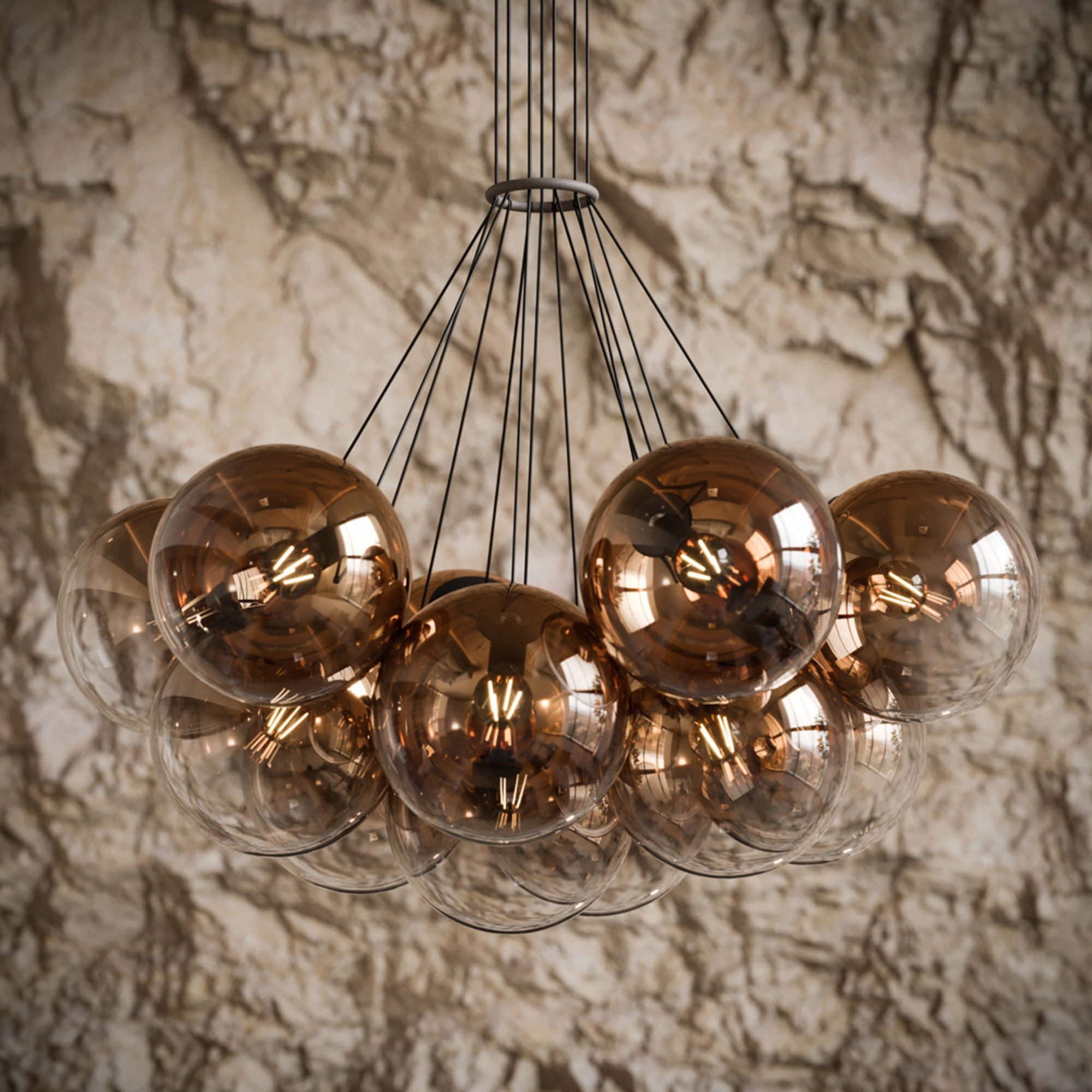 s.luce Pendelleuchte Orb Cluster Glaskugel Galerieleuchte 13-flammig Kupfer Verlauf
