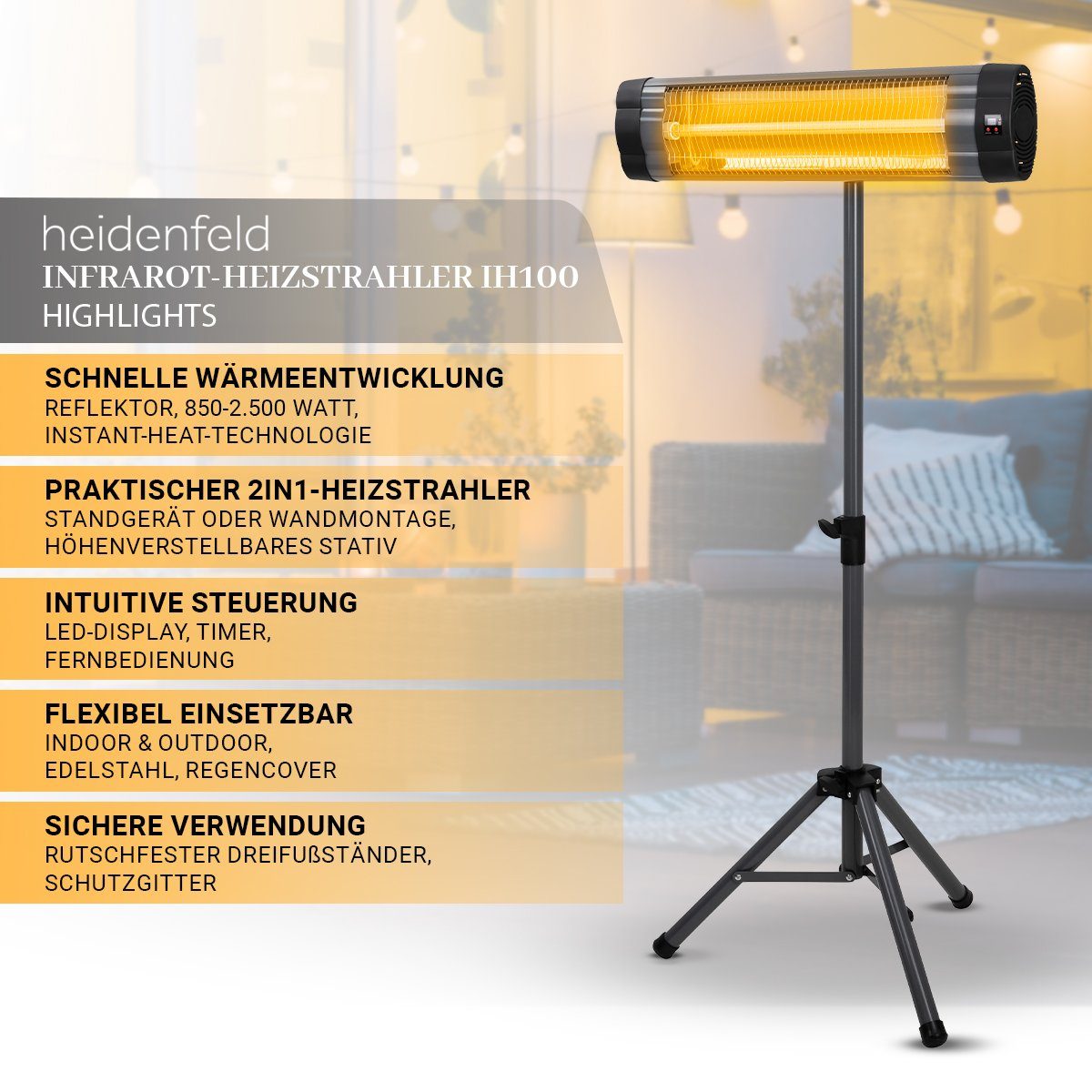 Terrassenstrahler Heizstrahler und Infrarot Garantie inkl. Heizstrahler 3 IH100 W, Elektro Heidenfeld 3 Heizstufen Heizgerät Fernbedienung, 2500 Heizung - J. Stativ -