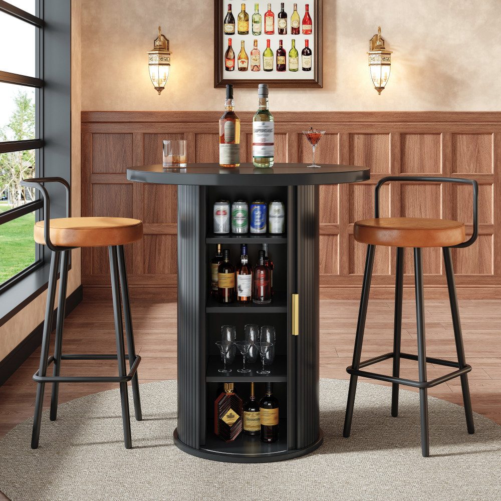 BBWL Esstisch mit Stauraum und Schrank, Stehtisch aus MDF und Metall, Runder Bartisch, 91,6 cm hoch, belastbar bis 75 kg