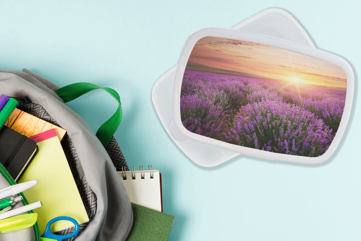 Lavendel Mädchen Jungs Blumen, Kunststoff, und und Sonne für - Kinder - für Erwachsene, MuchoWow (2-tlg), Brotdose, Lunchbox Brotbox weiß