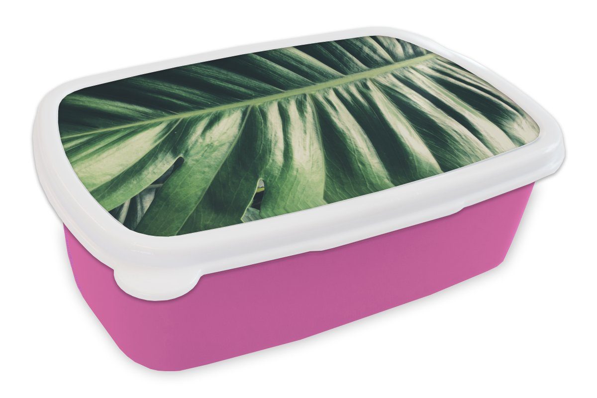 MuchoWow Lunchbox Blätter - Tropisch - Dschungel, Kunststoff, (2-tlg), Brotbox für Erwachsene, Brotdose Kinder, Snackbox, Mädchen, Kunststoff rosa