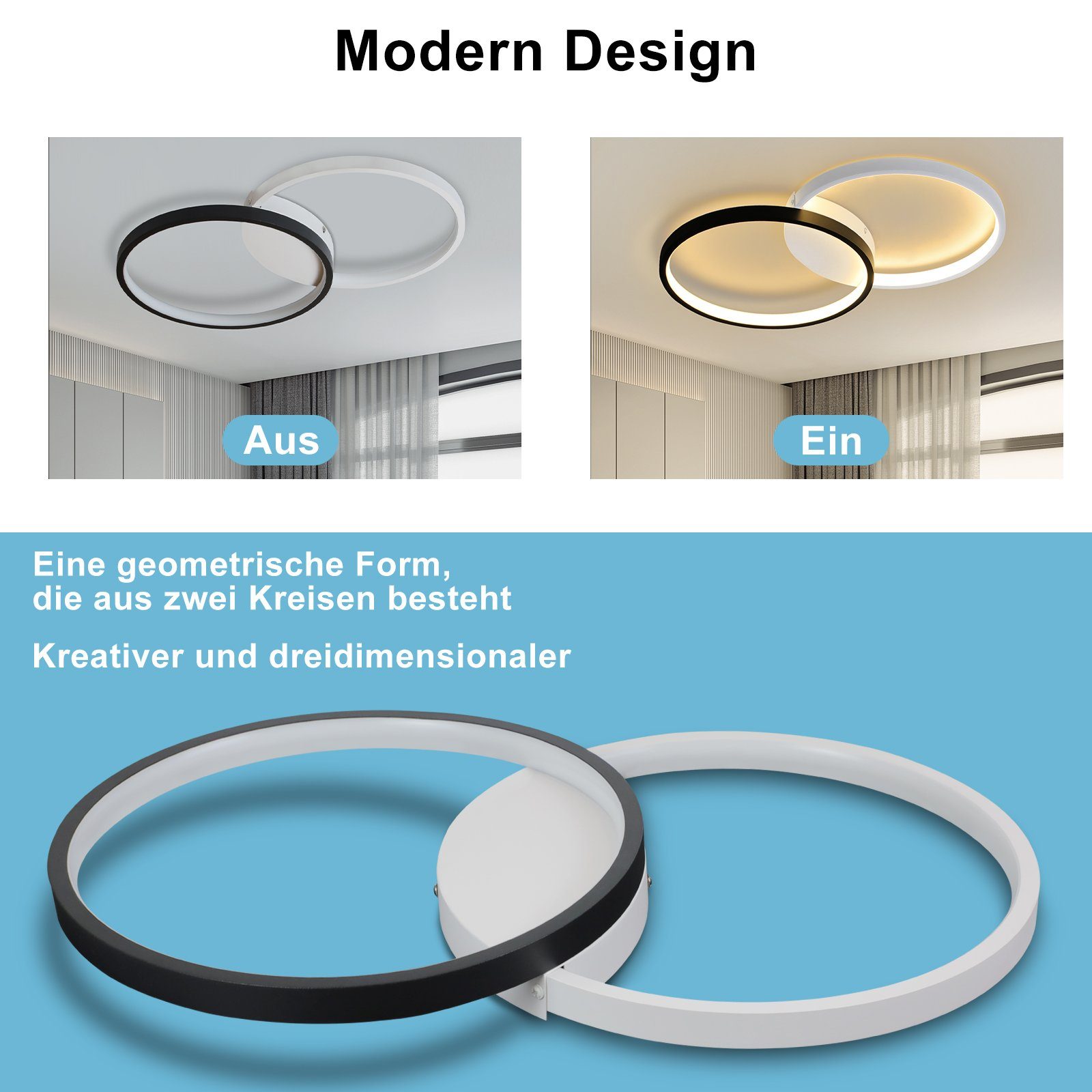 Wohnzimmer LED LED Nettlife Dimmbar, Tageslichtweiß Deckenlampe Fernbedienung, Dimmbar Schwarz Weiß fest und mit integriert, Deckenleuchte ‎Schwarz Modern 45W