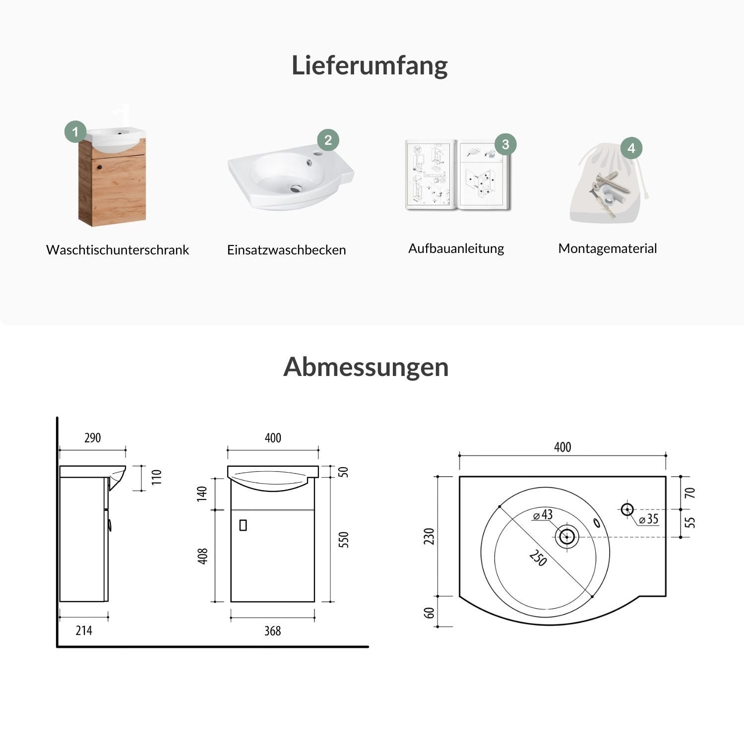 Planetmöbel Waschtisch Waschtischunterschrank 40cm Gold Eiche – Bild 4 von 5