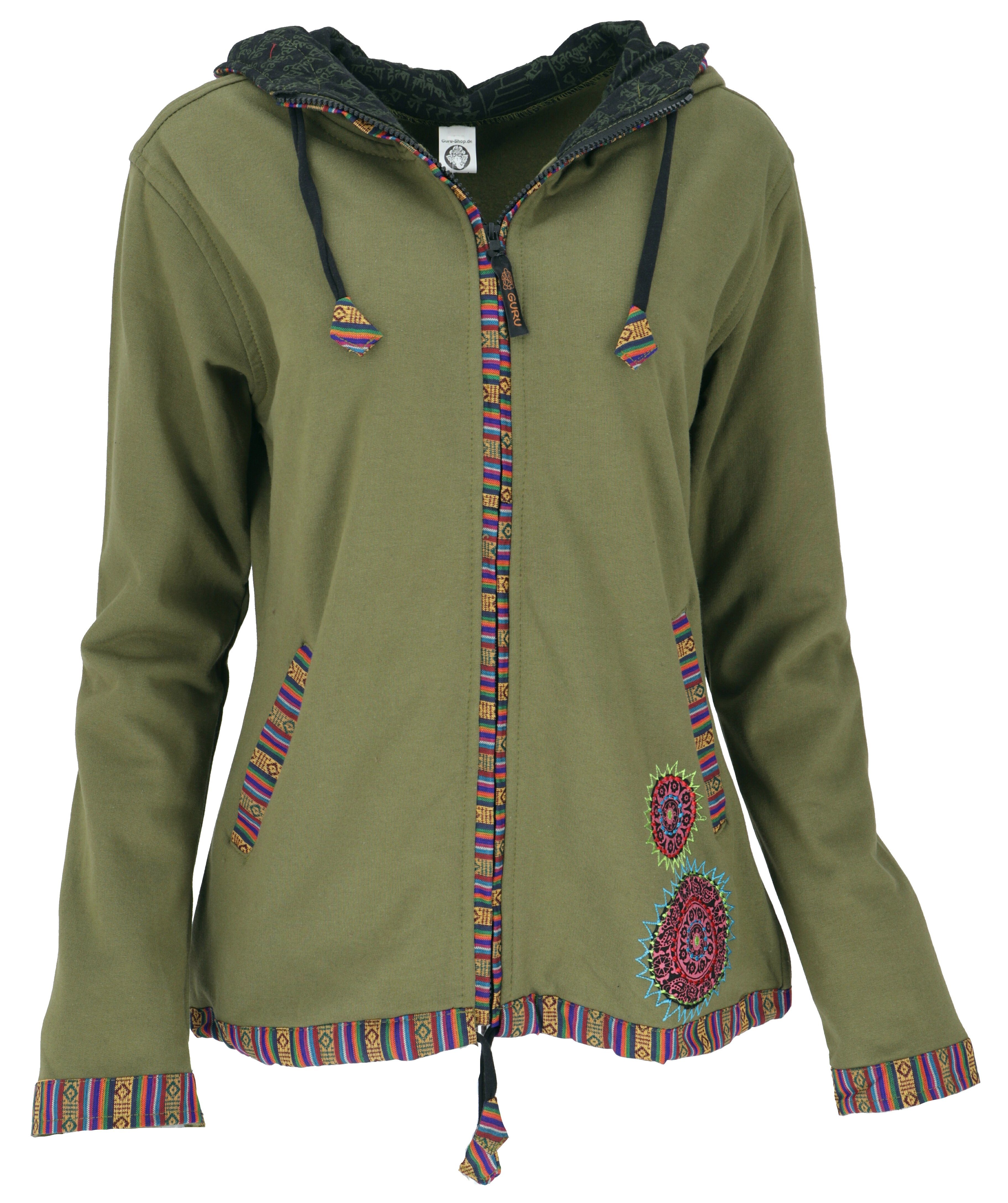 Guru-Shop Langjacke Nepal Ethno Jacke, bestickte Boho Jacke -.. alternative Bekleidung olivgrün