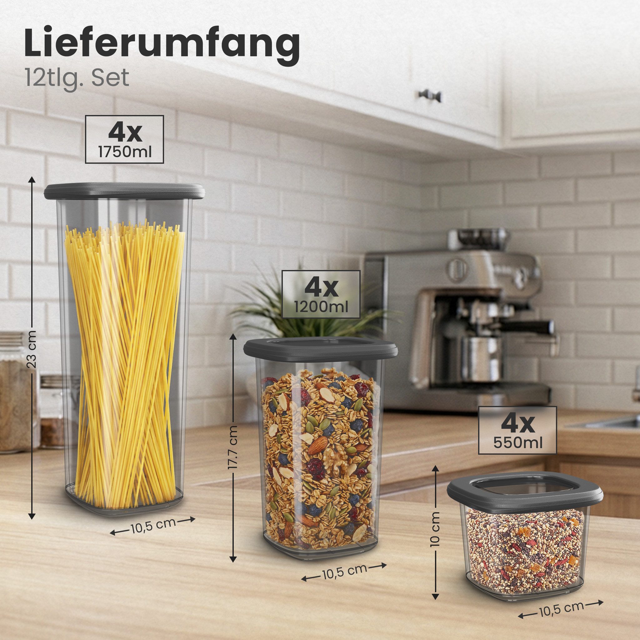 Lemontree Vorratsdose mit Deckel Luftdicht – 3 Größen (550/ 1200/ 1750 ml) – Stapelbar, Kunststoff, (Set, Vorratsdosen 12er Set inkl. Wasserfesten Etiketten), Frischhaltedosen mit Deckel für Lebensmittelaufbewahrung - BPA-Frei