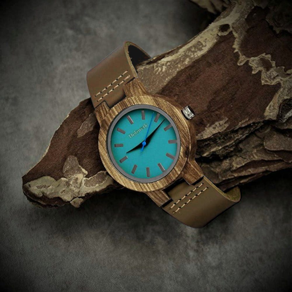 braun Holz Uhr kleine blau Quarzuhr & in NAILA Leder & Holzwerk LIL Armband türkis Damen