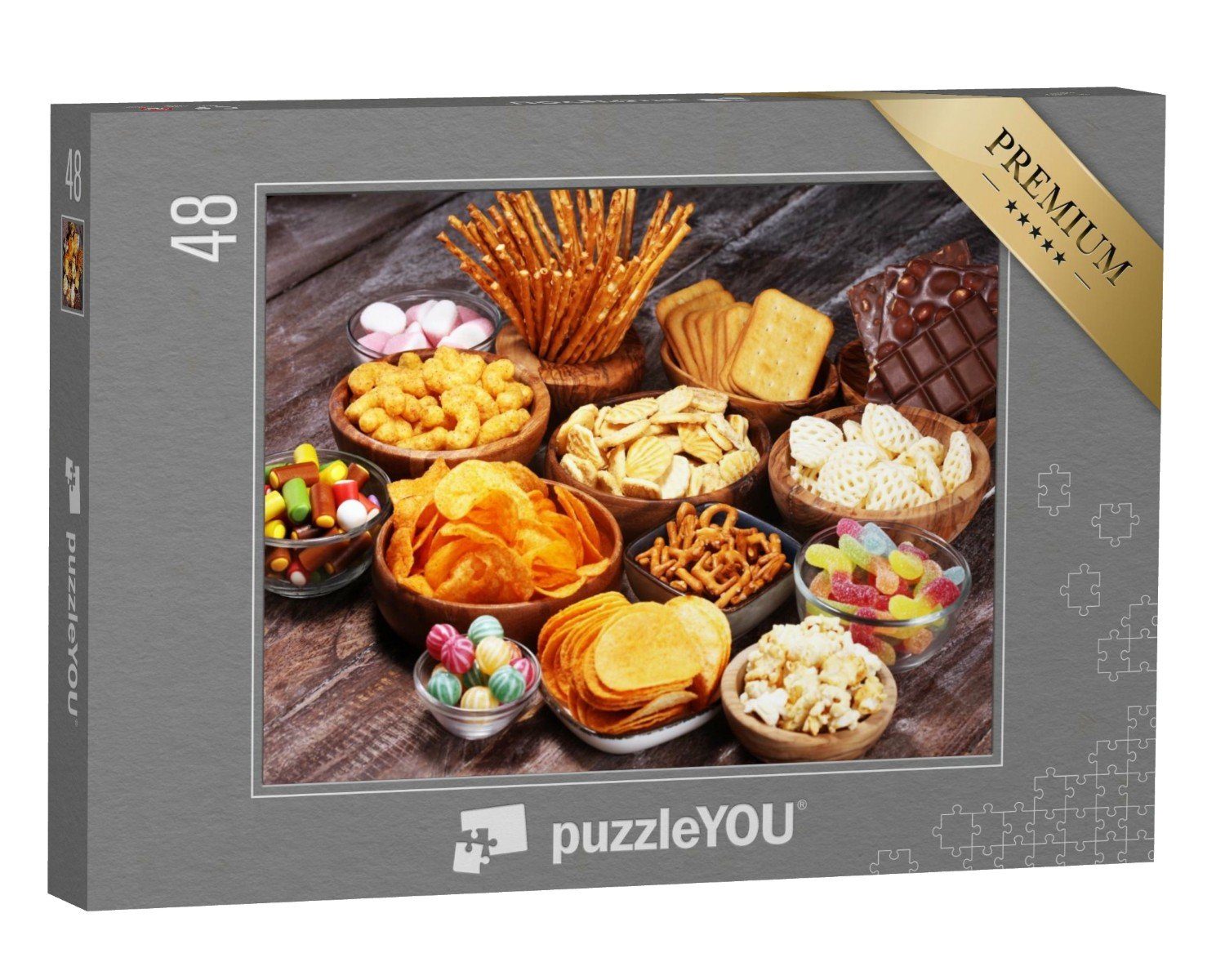 puzzleYOU Puzzle Party-Abend: Bunte Auswahl an Snacks, 48 Puzzleteile, puzzleYOU-Kollektionen Candybar, Süßigkeiten, Essen und Trinken