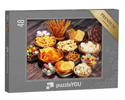 puzzleYOU Puzzle Party-Abend: Bunte Auswahl an Snacks, 48 Puzzleteile, puzzleYOU-Kollektionen Candybar, Süßigkeiten, Essen und Trinken