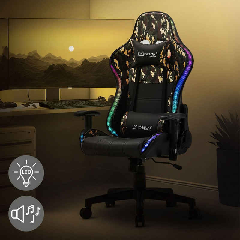 ML-DESIGN Gaming-Stuhl Gaming Stuhl mit RGB LED-Beleuchtung & Bluetooth-Lautsprechern, Bürostuhl Schwarz-Camouflage aus Kunstleder Rückenlehne Kopfstütze