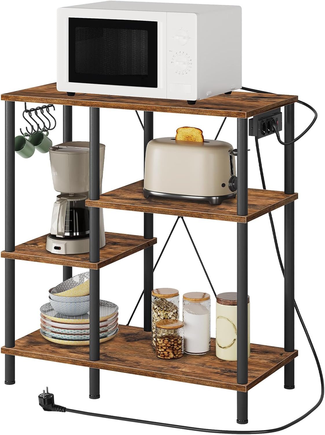 Hoobro Küchenregal Standregal mit Steckdosen, Bäckerregal mit 5 S-Haken, Mikrowellen-Regal, 38 x 80 x 86 cm
