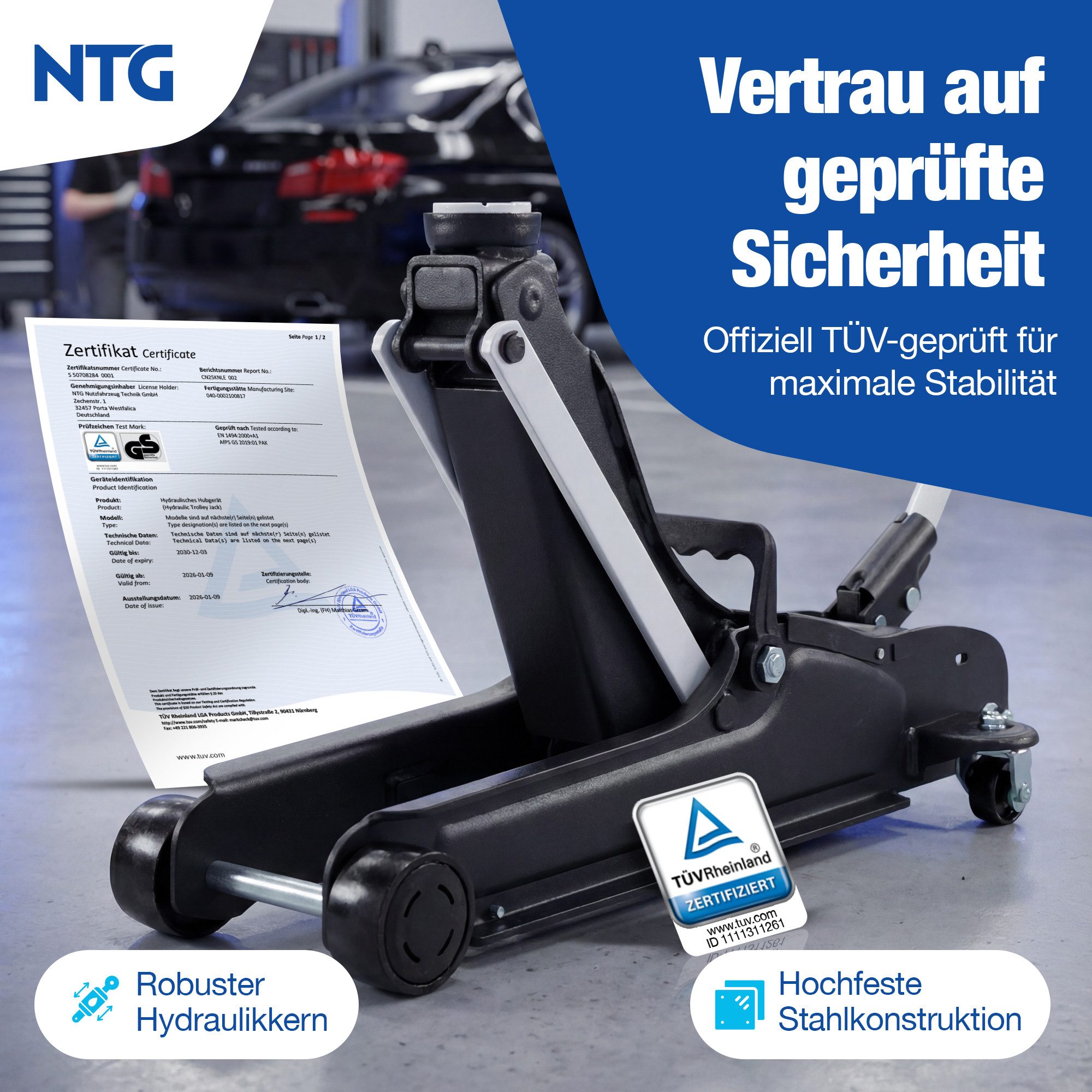 NTG Nutzfahrzeug Technik GmbH Wagenheber 2,5t Flach 85-375mm Rangierwagenheber TÜV Zertifiziert, max. Hubhöhe: 37.5 cm, Lowliner Wagenheber