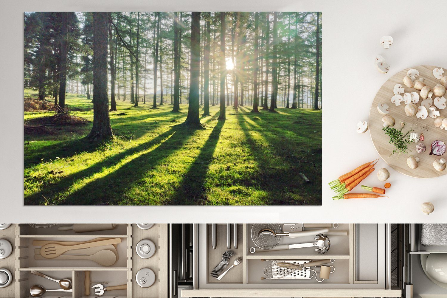 küche, Bäume (1 tlg), Wald, Natur für Vinyl, Ceranfeldabdeckung cm, Induktionskochfeld - MuchoWow Herdblende-/Abdeckplatte 80x52 Schutz - die
