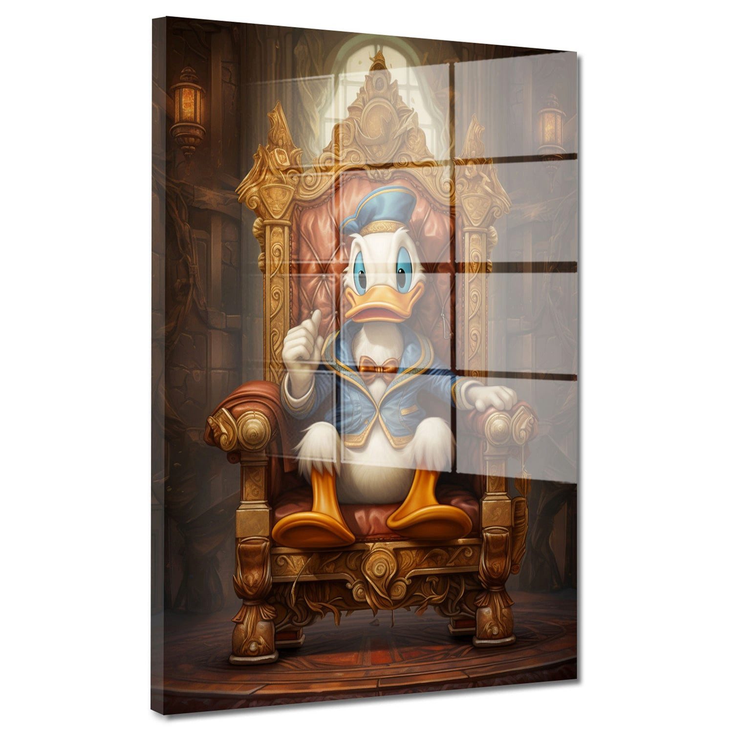 Artedinoi Acrylglasbild Comic Duck King Acrylglasbild Wandbild Illustration Thron Gold XXL, Comic-Erpel als König auf goldenem Thron in prunkvoller Halle