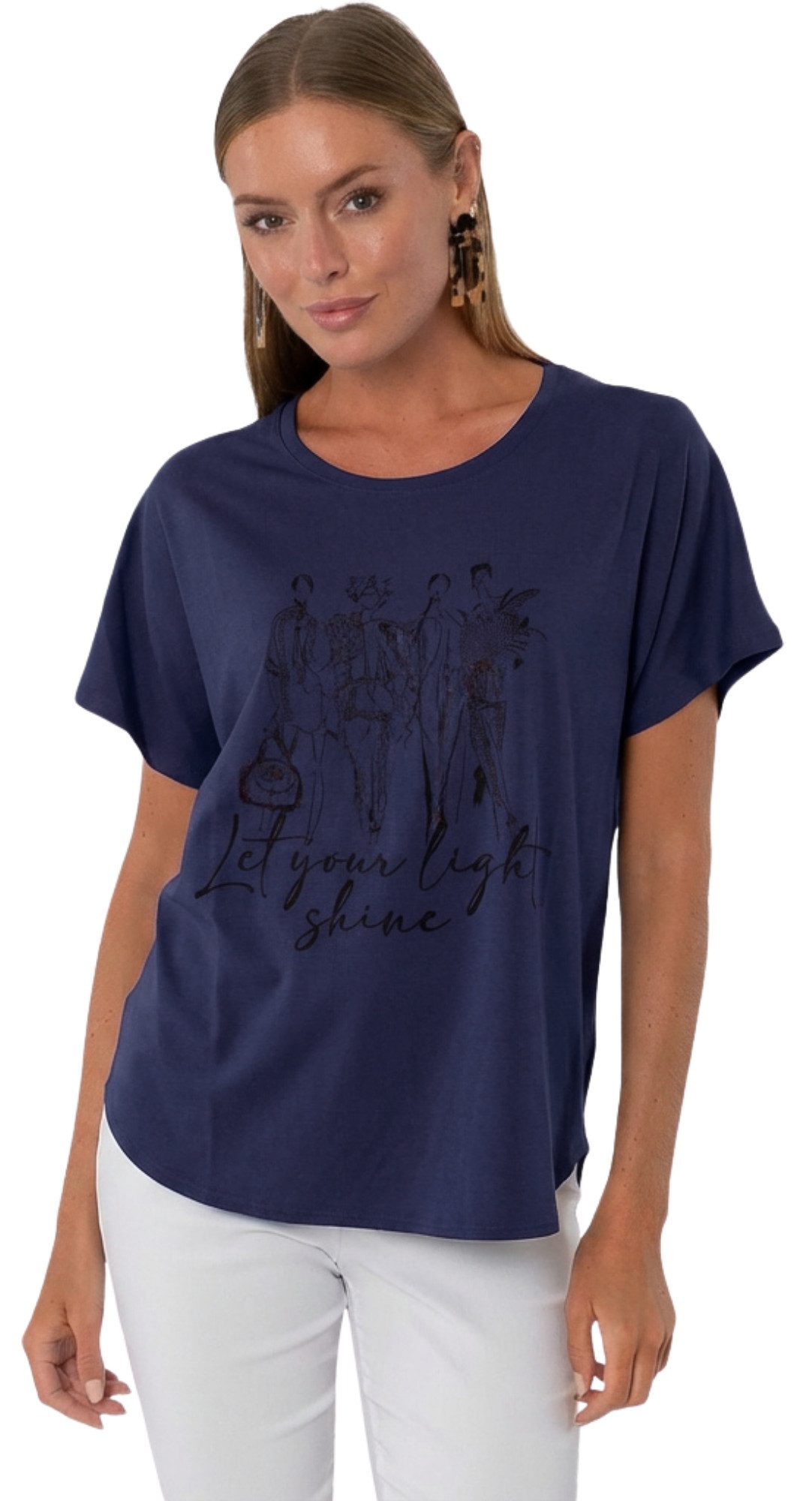 Estefania for woman Rundhalsshirt 194-1224, mit überschnittenen Ärmeln und Strassbesatz abgerundeter Saum
