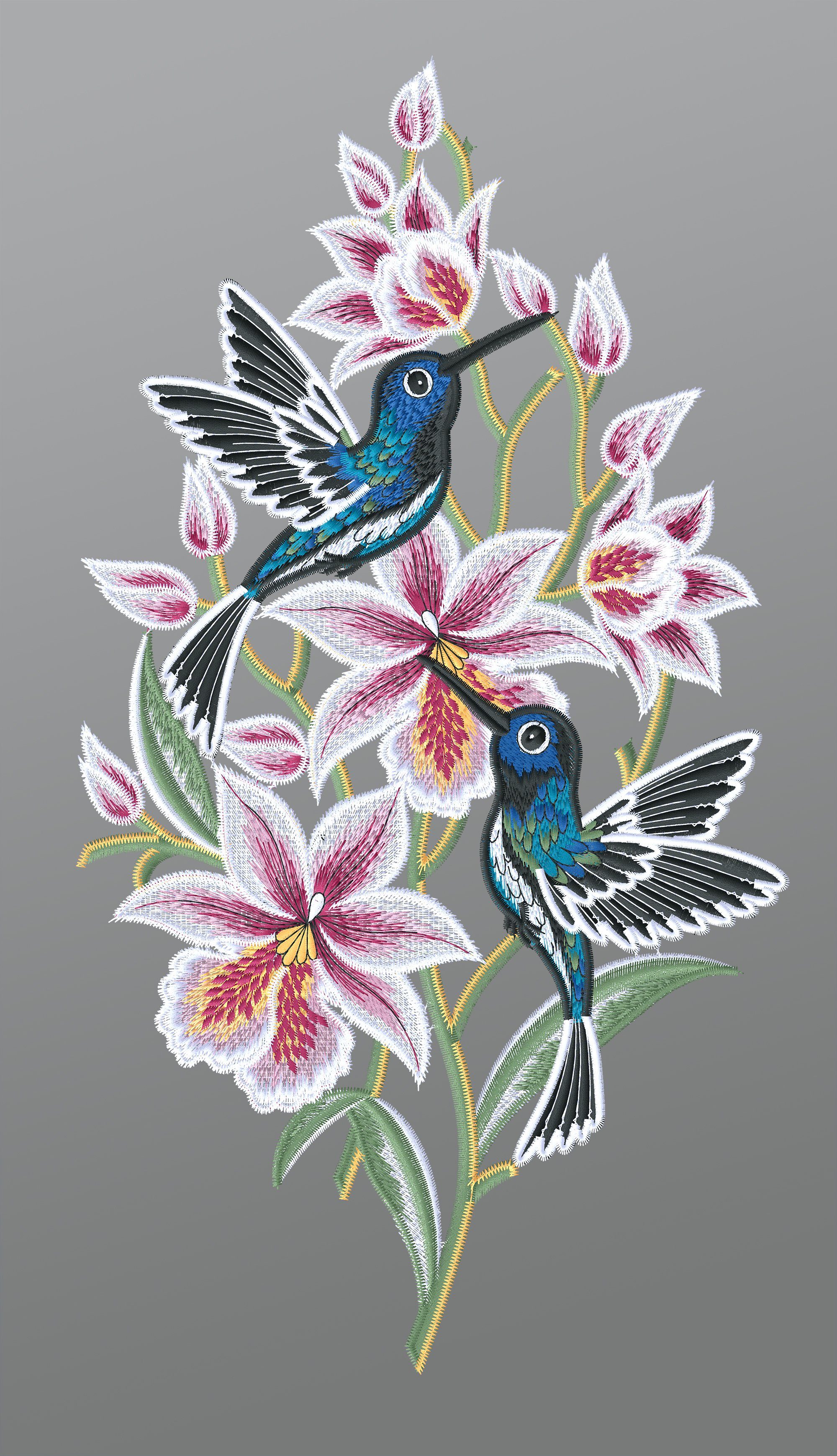 Plauener Spitze® Fensterbild Kolibris mit Orchideen, HxB 38x20cm