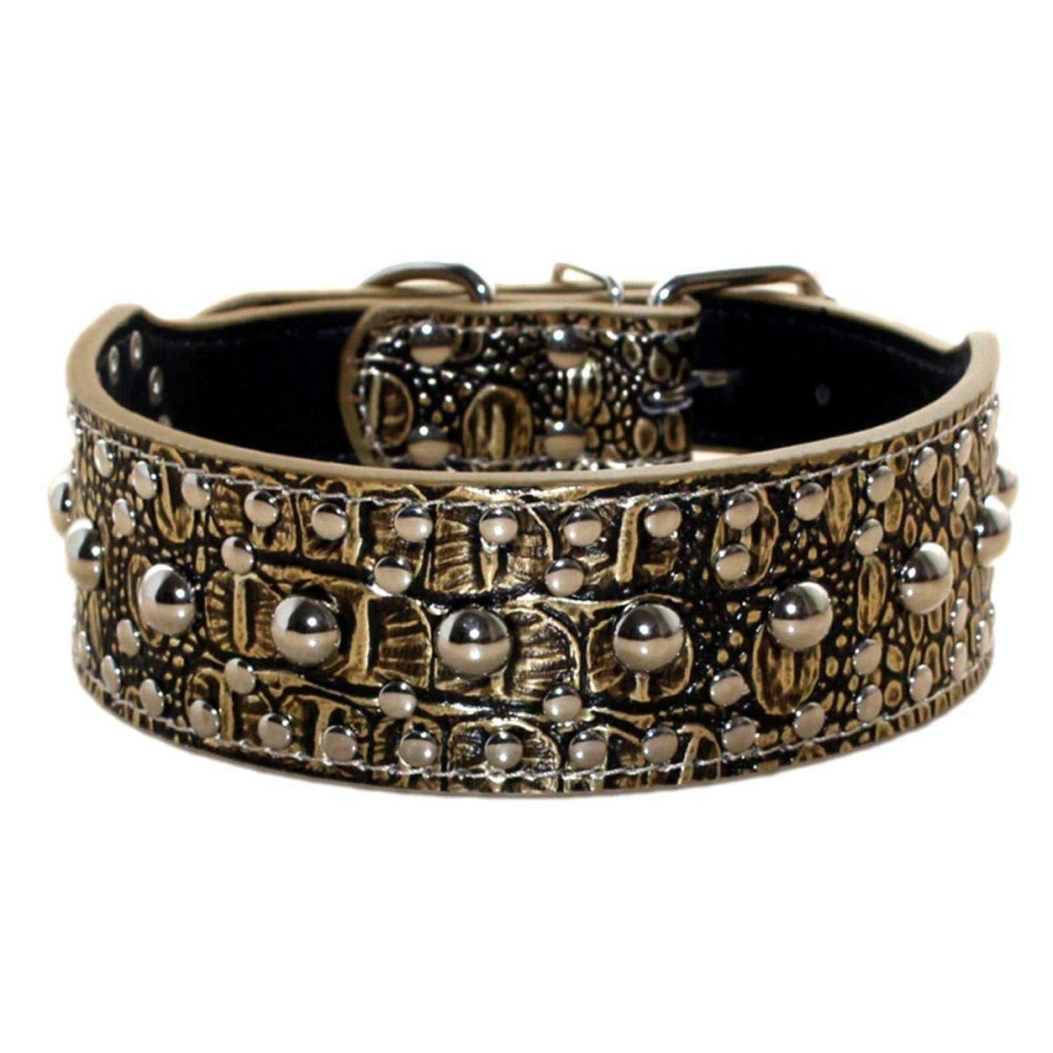 LuxusKollektion Hunde-Halsband Hundehalsband Nieten Kunstleder L Goldbraun, Kunststoff