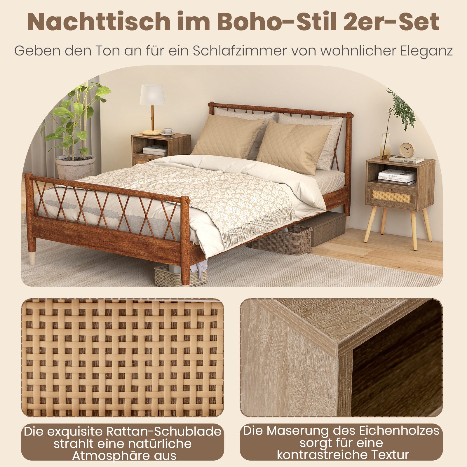 KOMFOTTEU Nachttisch (2er Set), mit Rattan-Schublade, 40 x 40 x 59 cm günstig online kaufen
