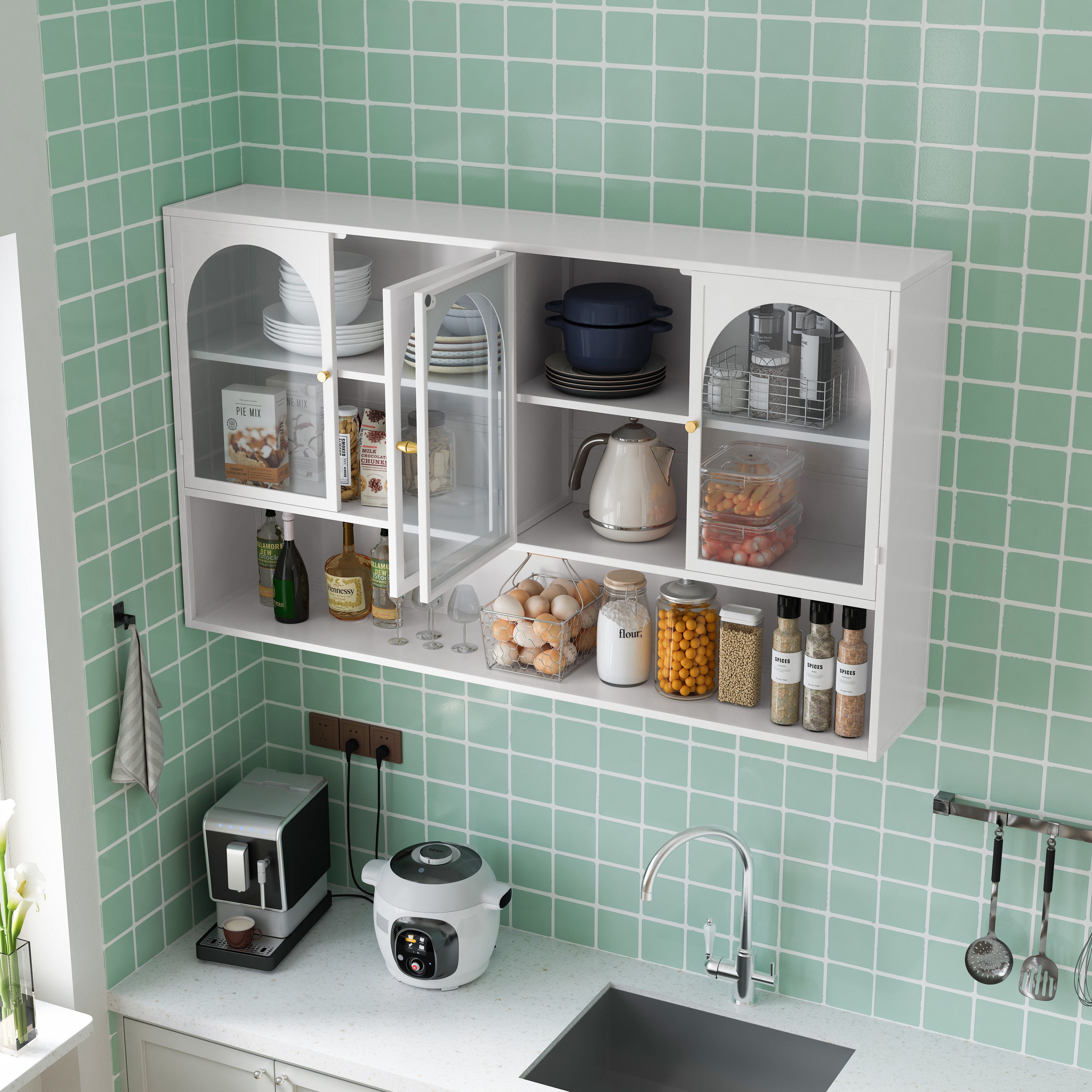 MODFU Wandhängeschrank Hängeschrank,Four-door,Glass Wall Cabinet Storage, 1 günstig online kaufen