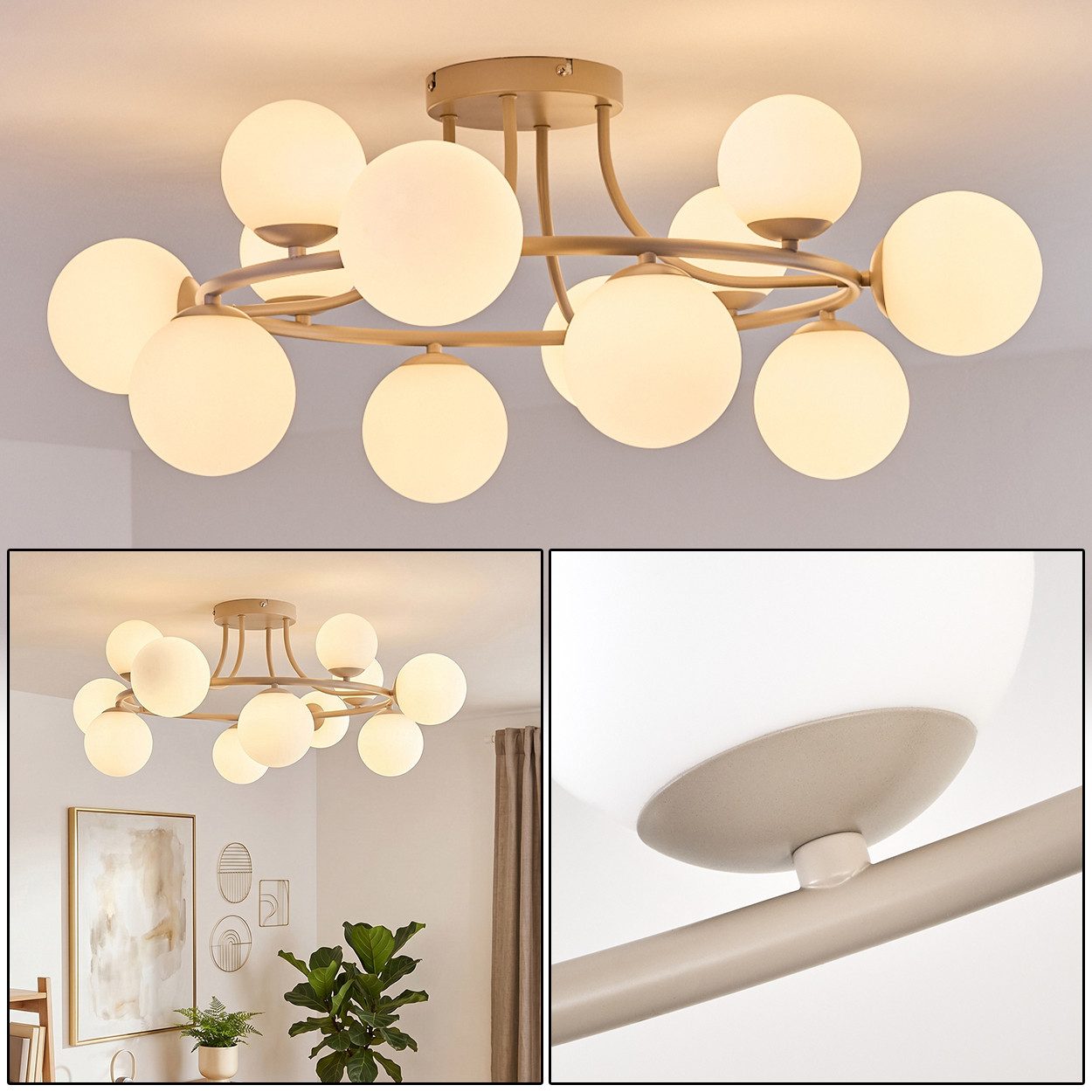 hofstein Deckenleuchte Deckenlampe aus Metall/Milchglas in Sandfarben/Weiß, moderne Deckenleuchte im Retro/Vintage/Boho-Design, 12 x G9