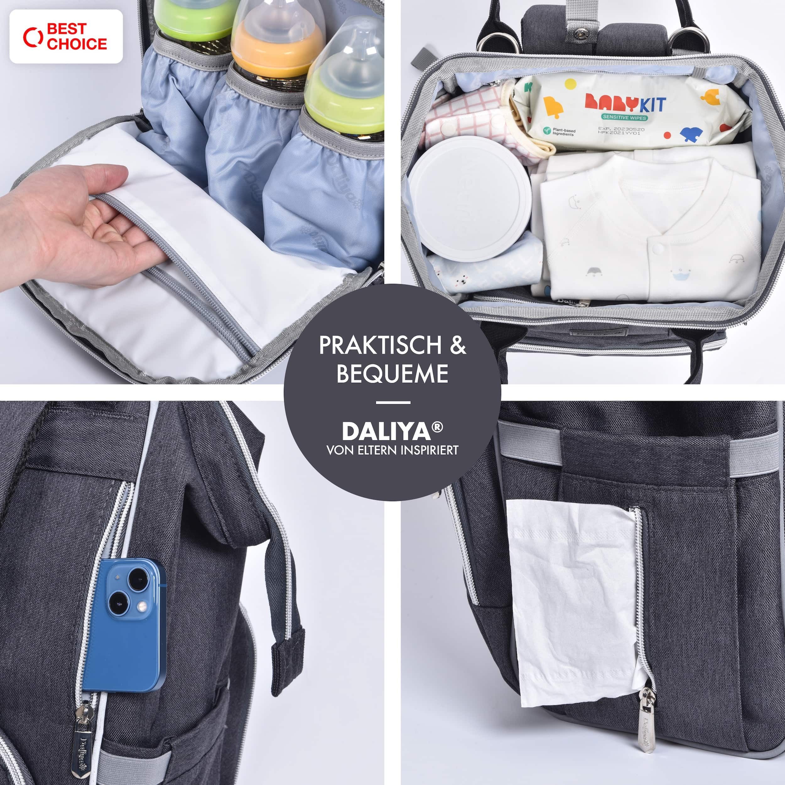 Daliya® Wickeltasche PAKMI Wickelrucksack, Kinderwagentaschen, Mamabag (Set, 5-tlg., Befestigungsriemen), Thermofächer, Schnuller Aufbewahrung, Wickelunterlage, hochwertig