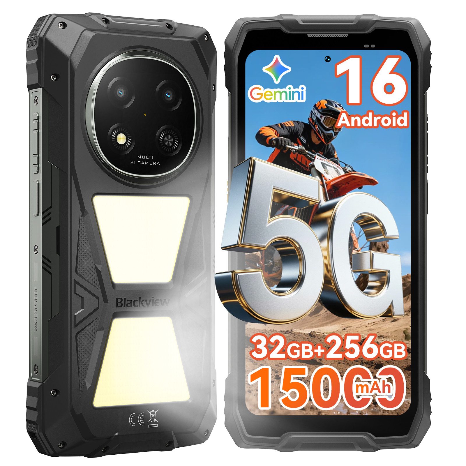 blackview ROCK 2 Pro 5G, 15000 mAh, 400 Lm Campinglicht, IP69K, Outdoor Smartphone (16,94 cm, 256 GB Speicherplatz, 13 MP Kamera, Campinglicht, SOS-Modus, OTG Reverse Charging, Glove Mode, 33W)