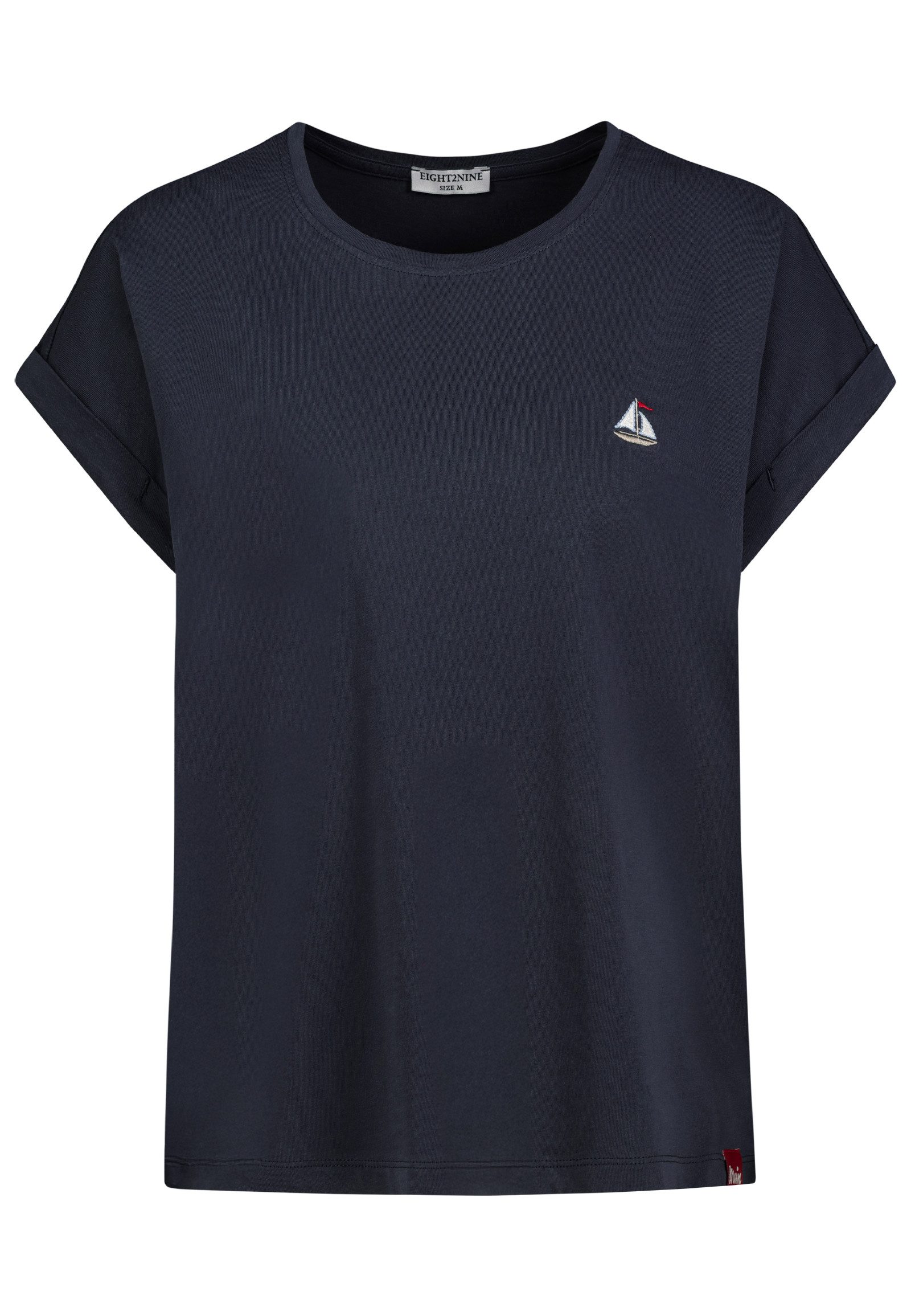 Eight2Nine T-Shirt Damen T-Shirt mit maritimer Stickerei Ärmel mit Aufschlag, Stickmotive: Muschel, Schiff, Hummer, Anker