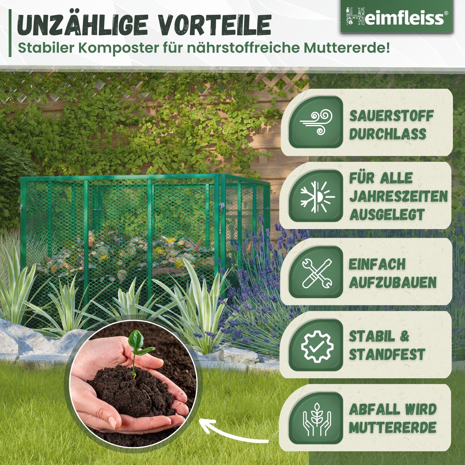 Heimfleiss® Komposter Metall Komposter 450L/750L – verzinkt & pulverbeschichtet, BxTxH: 100x100x75 cm, 750 l, Robuster Gartenkomposter mit Stecksystem für nachhaltige Kompostierung
