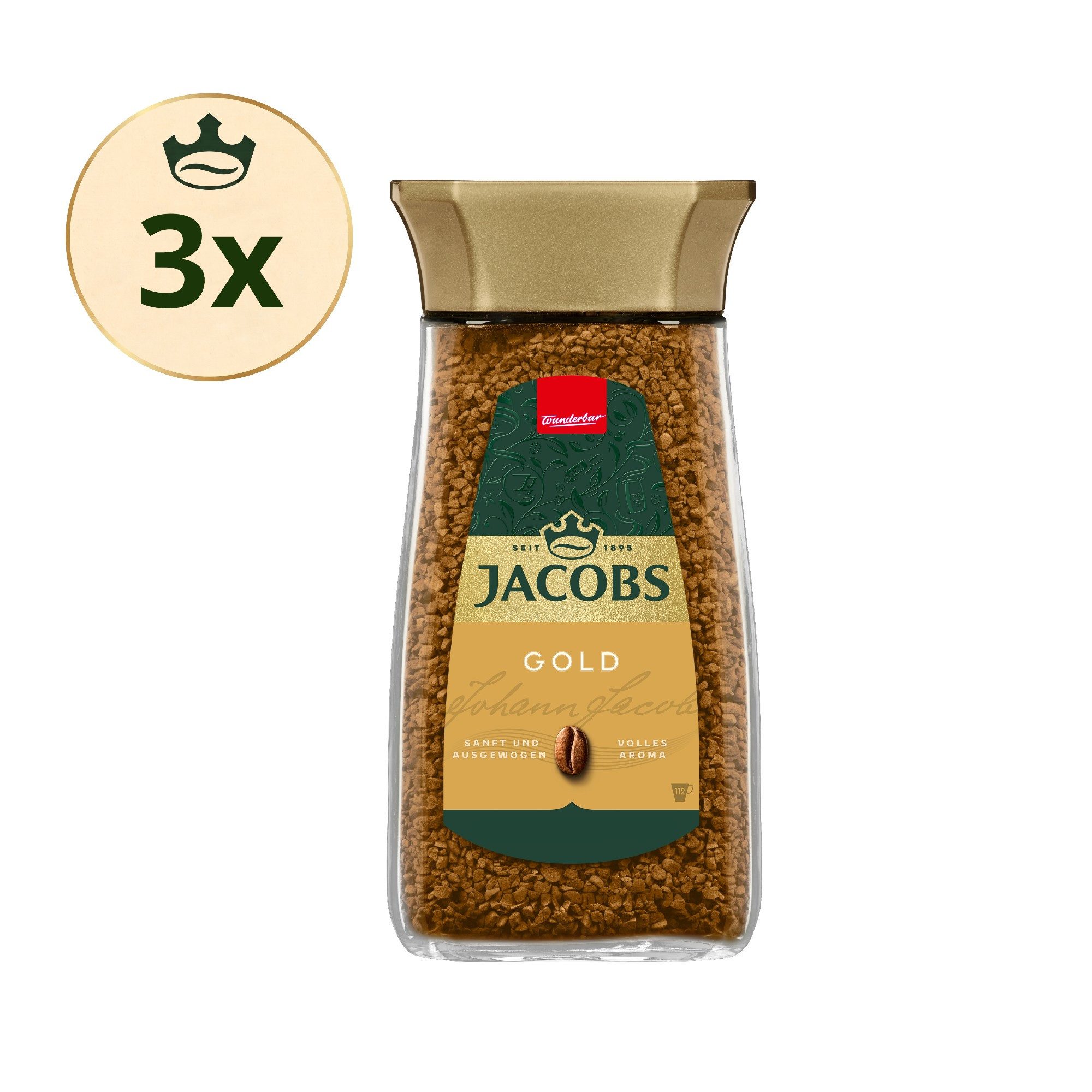 JACOBS Kaffee Löskaffee Gold Instantkaffee 3 x 200 g Gläser Milder Löskaffeegenuss, 600 g, (Packung, 3er Pack)