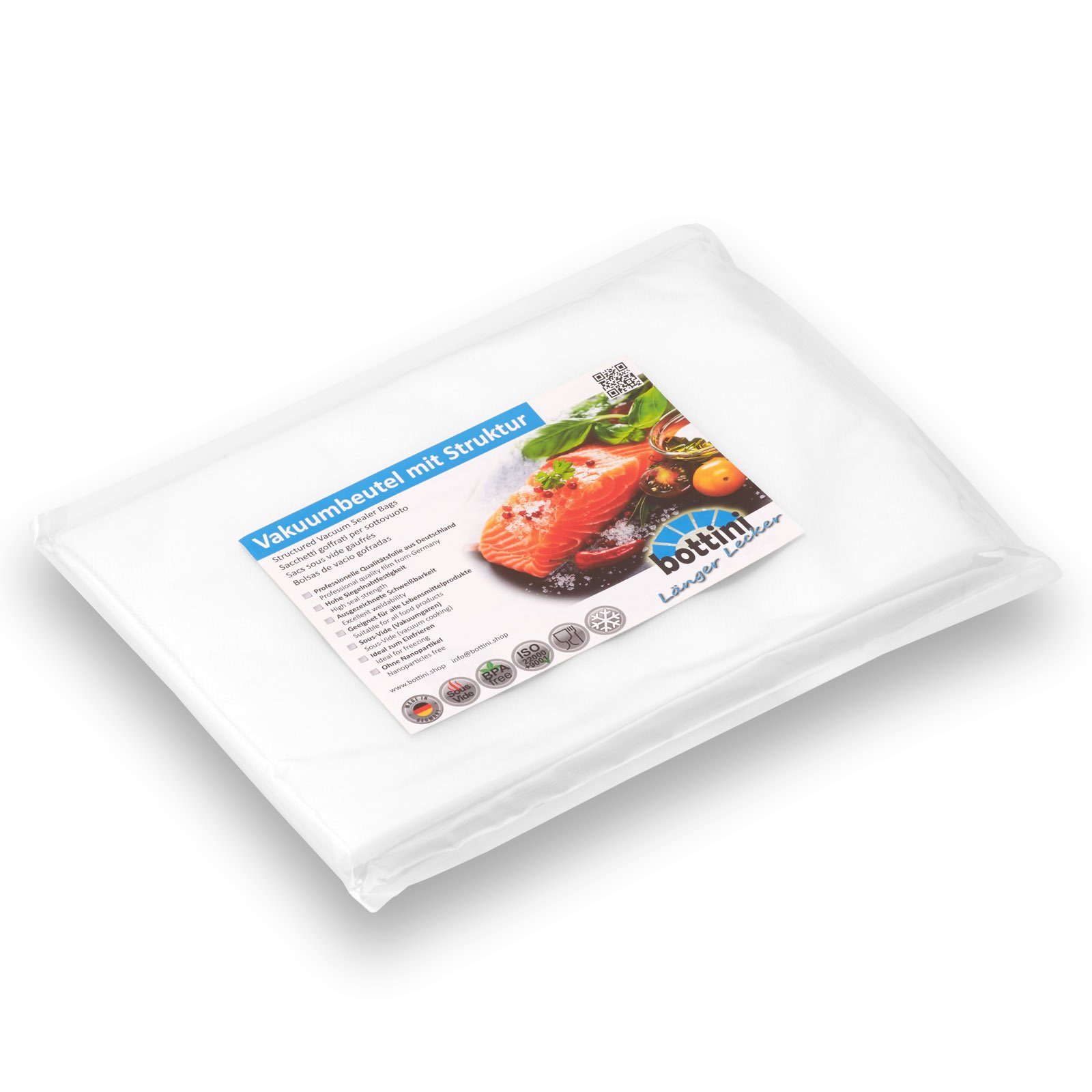 Bottini Vakuumierbeutel 50 Vakuumbeutel 25 x 35 cm mit Struktur, goffriert für Lebensmittel, Zubehör für Alle Balken Vakuumierer wie CASO, WMF, FreshVAC, Rommelsbacher, Gastroback, Foodsaver, Solis, Lava, Leifheit sowie alle Vakuumiergeräte von Silvercrest oder Medion uvm., besonders durchstoßfest, 105µm