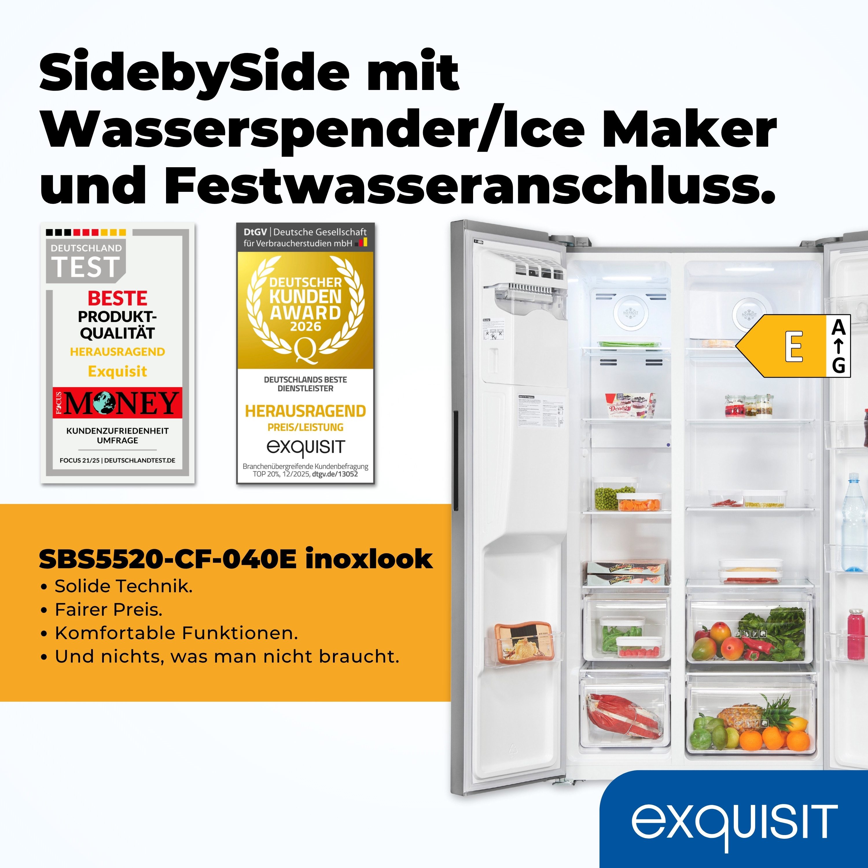 exquisit Kühl-/Gefrierkombination SBS5520-CF-040E, 177,5 cm hoch, 91 cm breit, 4-Sterne-Fach, LED-Beleuchtung, NoFrost
