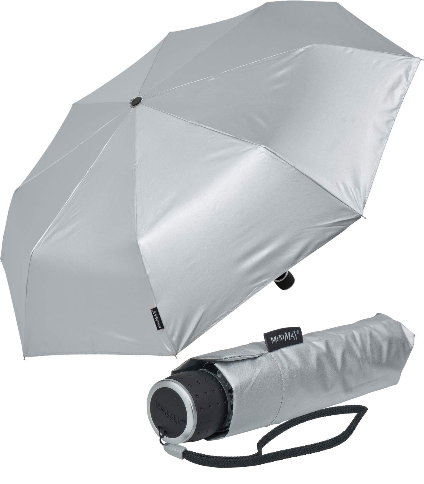 Impliva Taschenregenschirm miniMAX® kleiner leichter Schirm Handöffner, passt in jjede Tasche silber
