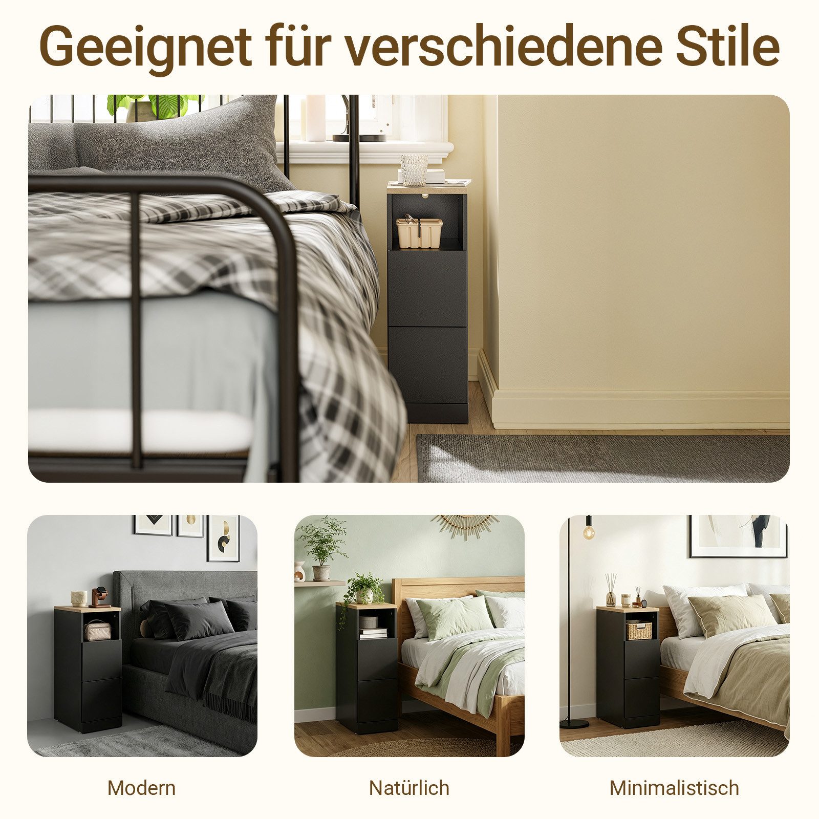SoBuy Beistelltisch FBT149, Nachtschrank Beistelltisch mit 2 Schubladen, Nachttisch schmal, Platzsparendes Möbelstück für Schlafzimmer & Nischen, Ideal für Miet – Bild 4 von 5