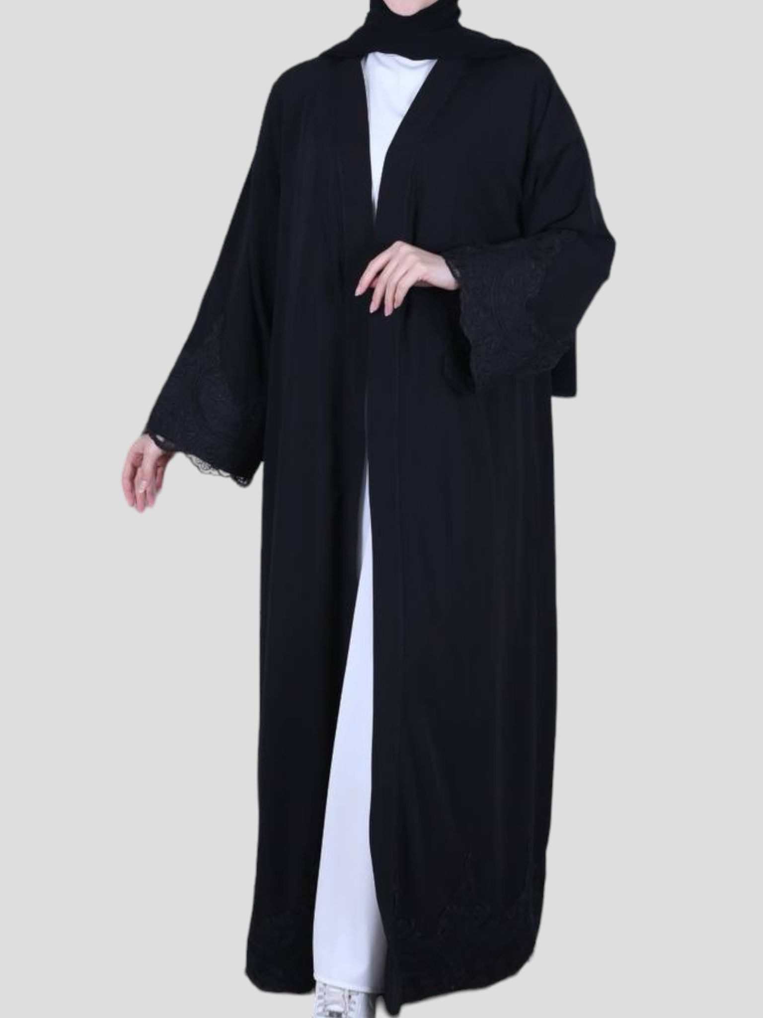 Aymasal Maxikleid Kimono Almas Abaya Kaftan Cardigan islamische Kleidung Gebetskleidung Verzierungen an den Ärmeln und am Unterteil, Mit schwarzem Gürtel