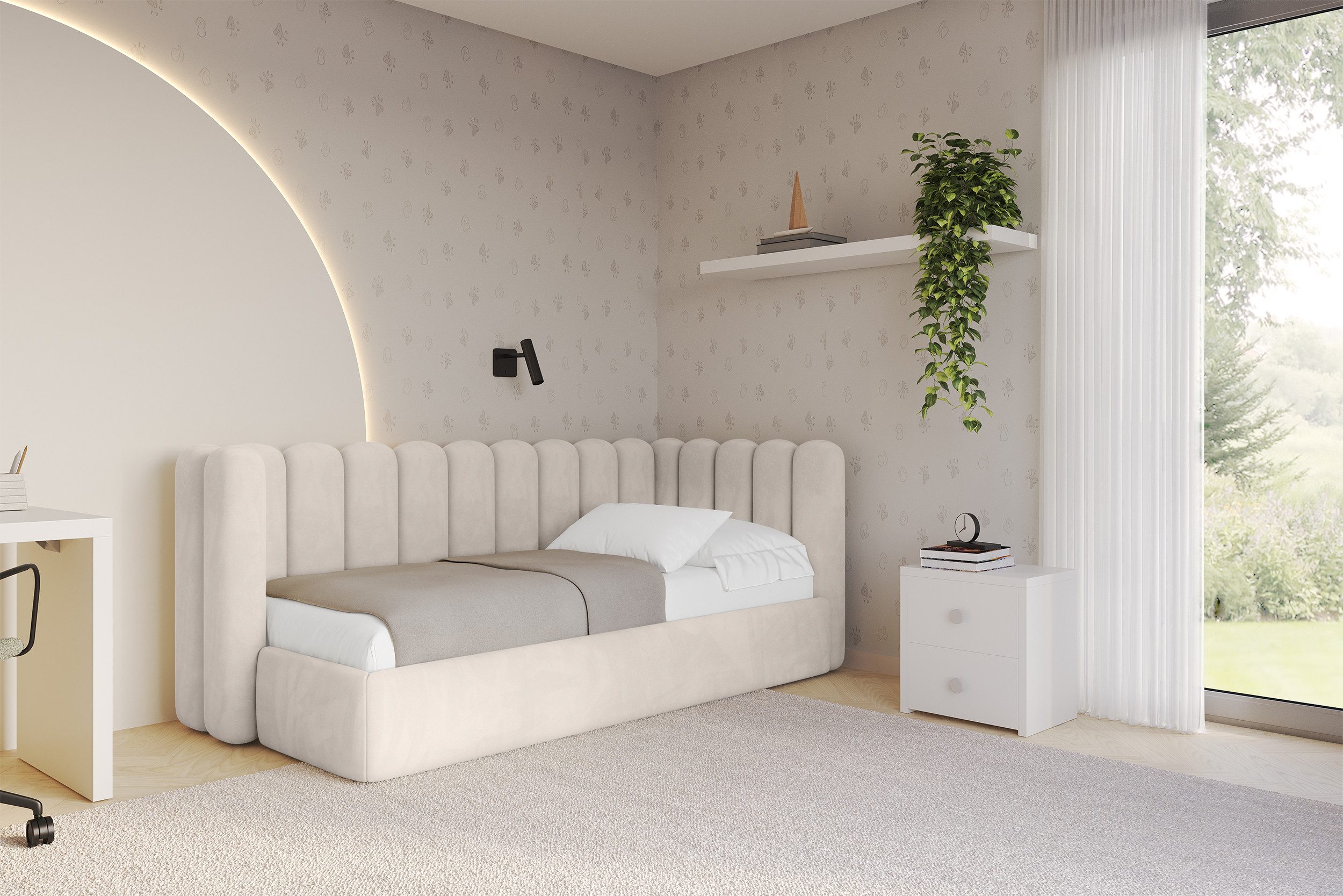 ALTDECOR Jugendbett HUGY (Jugendbett mit Bettkasten und Lattenrost, Polsterbett ohne Matratze), Einzelbett mit Stauraum, Bett mit Kopfteil