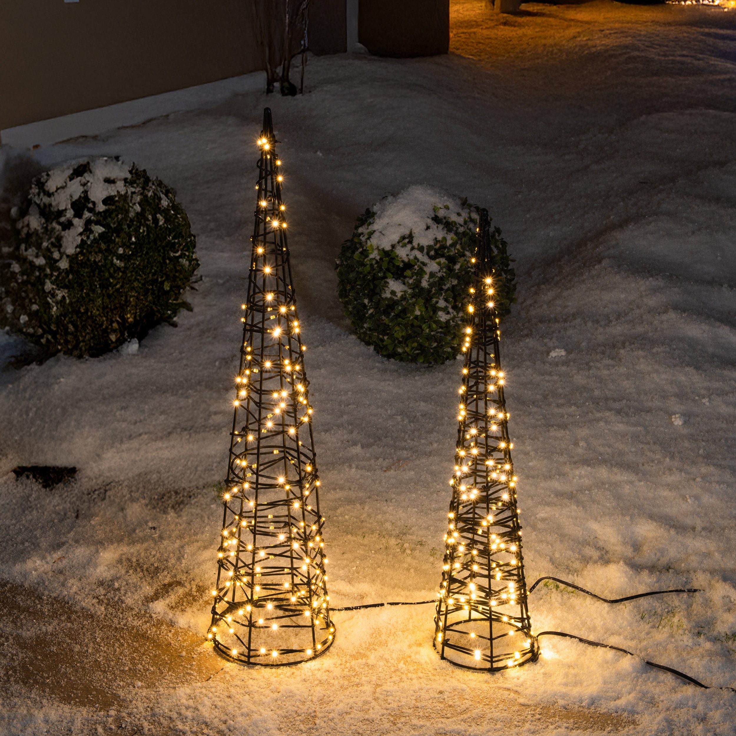 esotec Weihnachtspyramide 2x Solar Weihnachtsdeko H=60+50cm, 200 LEDs warmweiß Metall 103425